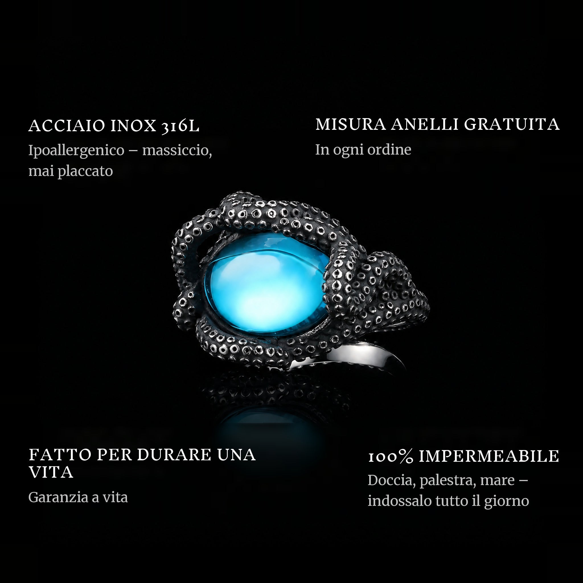 Tidal Embrace ring features: 316L stainless steel, free ring sizer in every order, 100% waterproof, lifetime guarantee