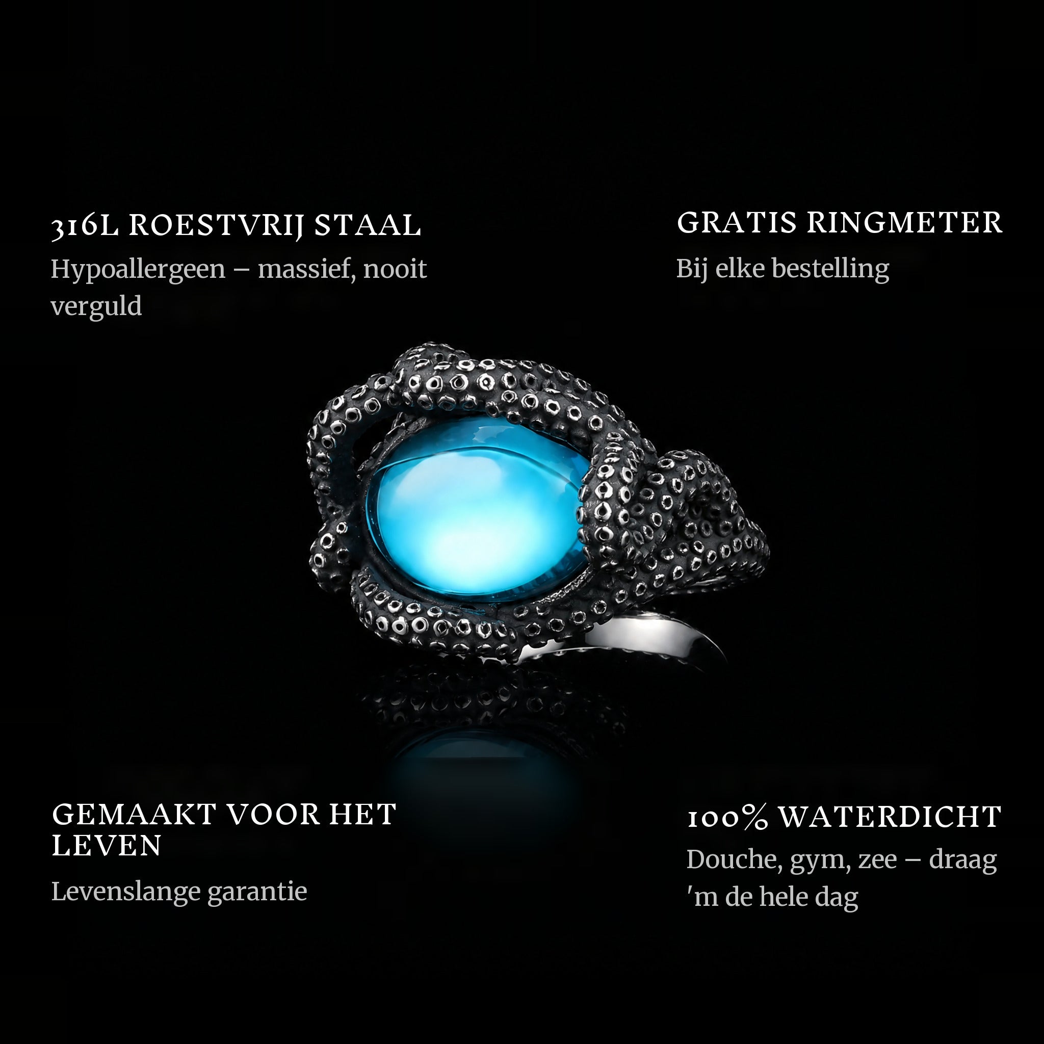 Tidal Embrace ring features: 316L stainless steel, free ring sizer in every order, 100% waterproof, lifetime guarantee