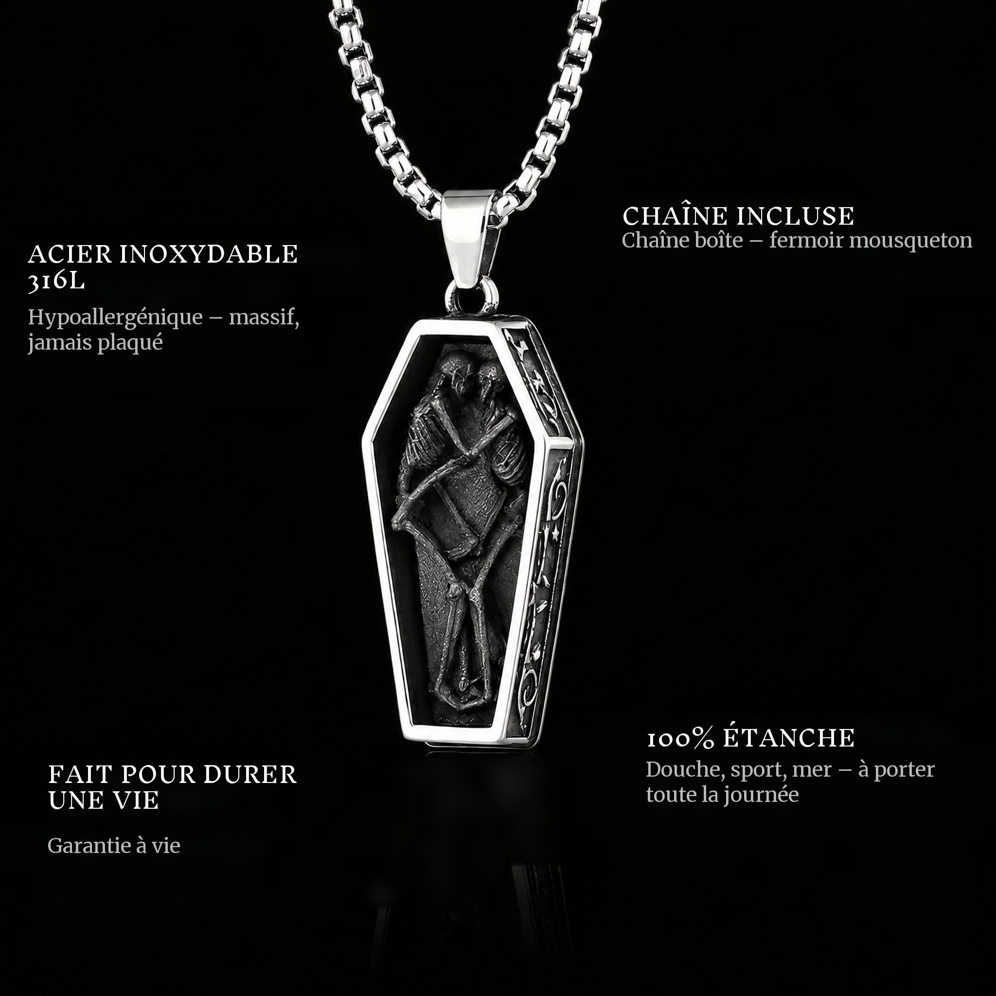 Together Forever pendant features: 316L stainless steel, chain included, 100% waterproof, lifetime guarantee