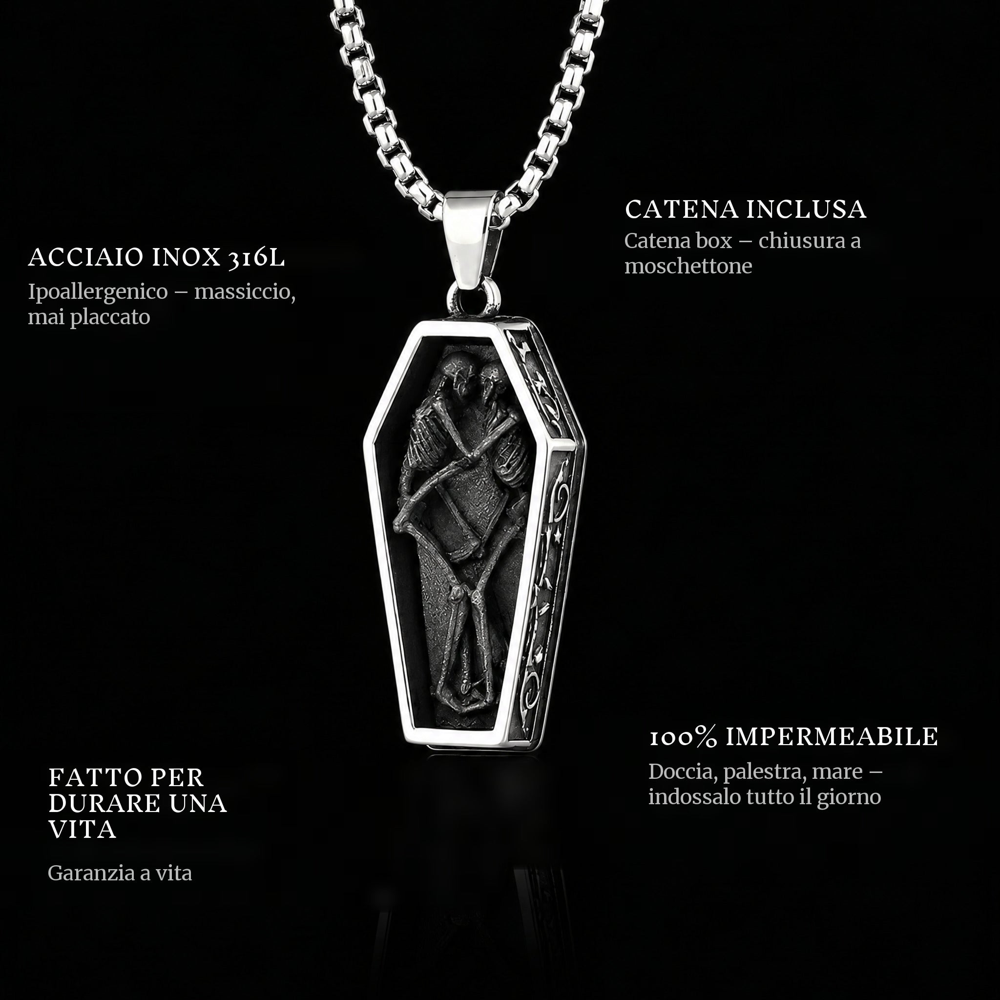 Together Forever pendant features: 316L stainless steel, chain included, 100% waterproof, lifetime guarantee