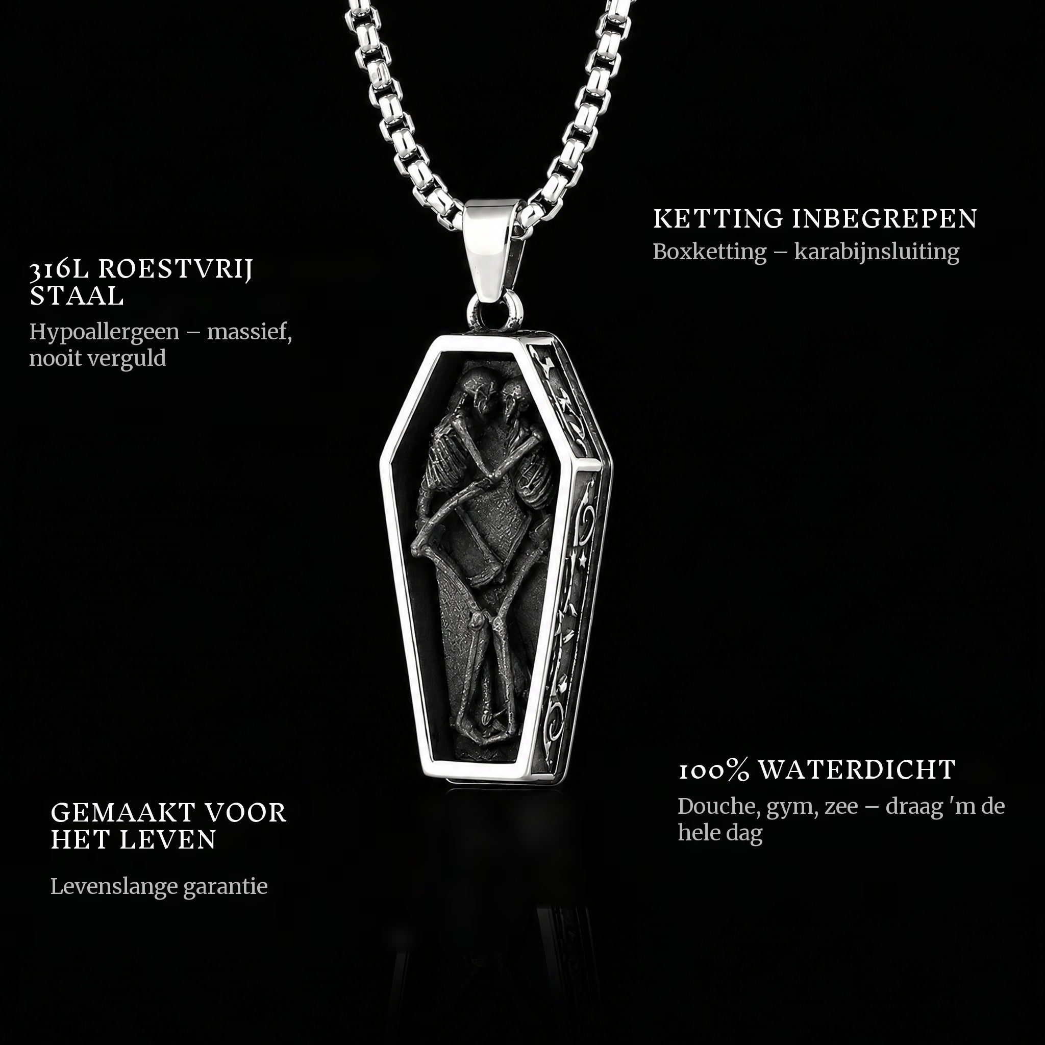Together Forever pendant features: 316L stainless steel, chain included, 100% waterproof, lifetime guarantee