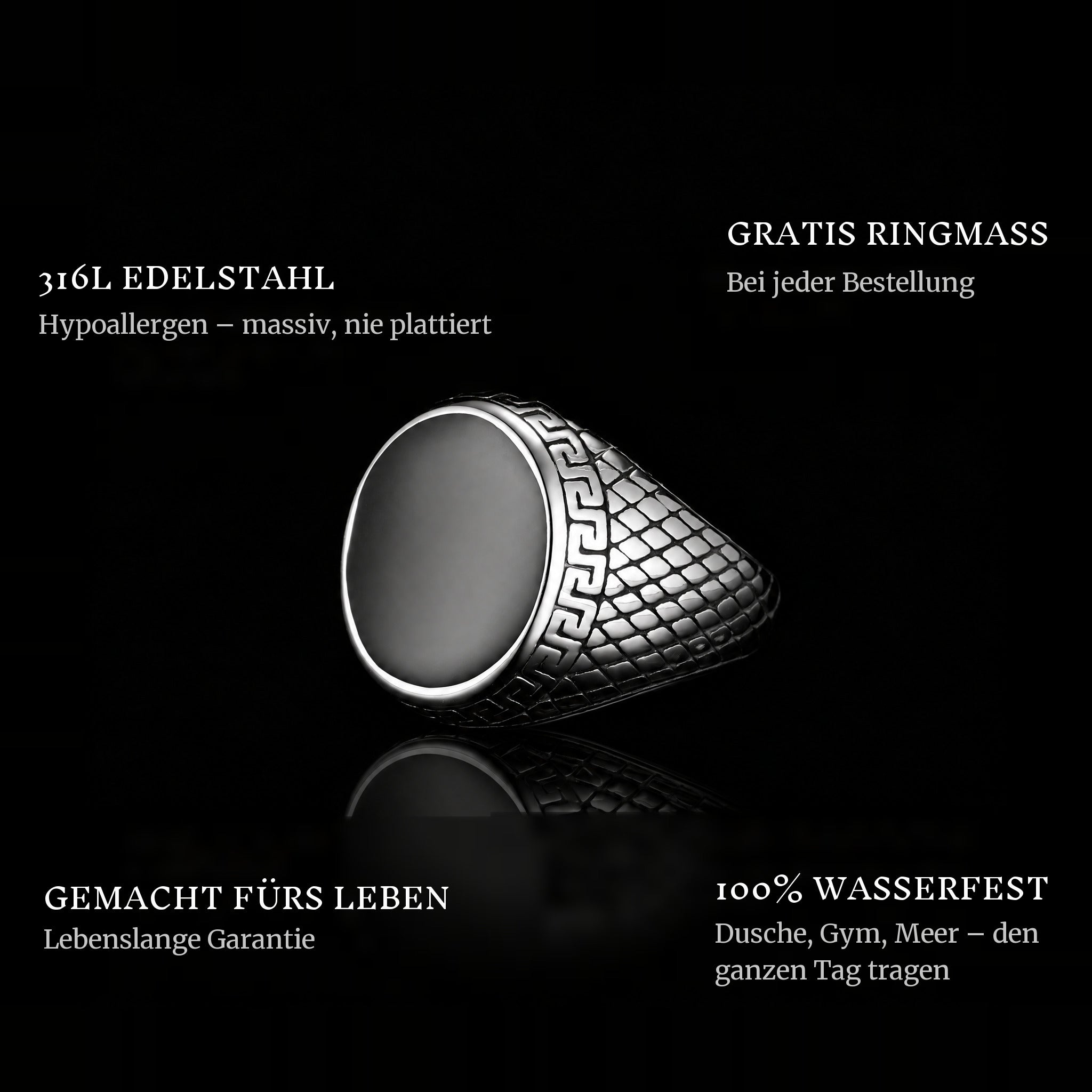 Traveler ring features: 316L stainless steel, free ring sizer in every order, 100% waterproof, lifetime guarantee