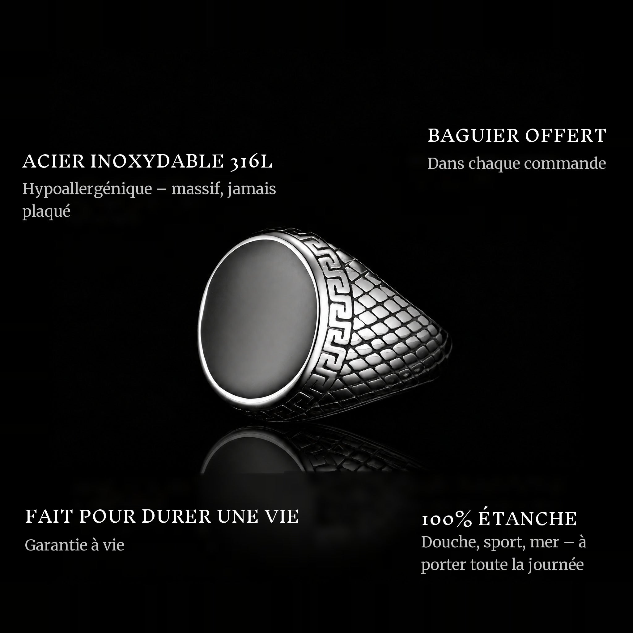 Traveler ring features: 316L stainless steel, free ring sizer in every order, 100% waterproof, lifetime guarantee