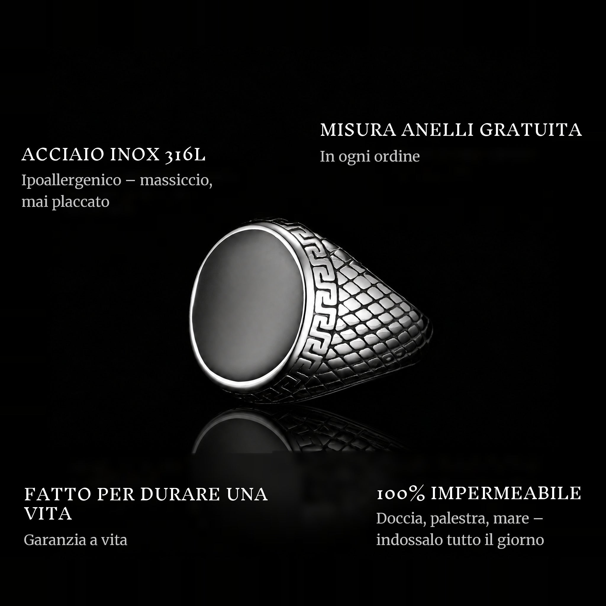 Traveler ring features: 316L stainless steel, free ring sizer in every order, 100% waterproof, lifetime guarantee