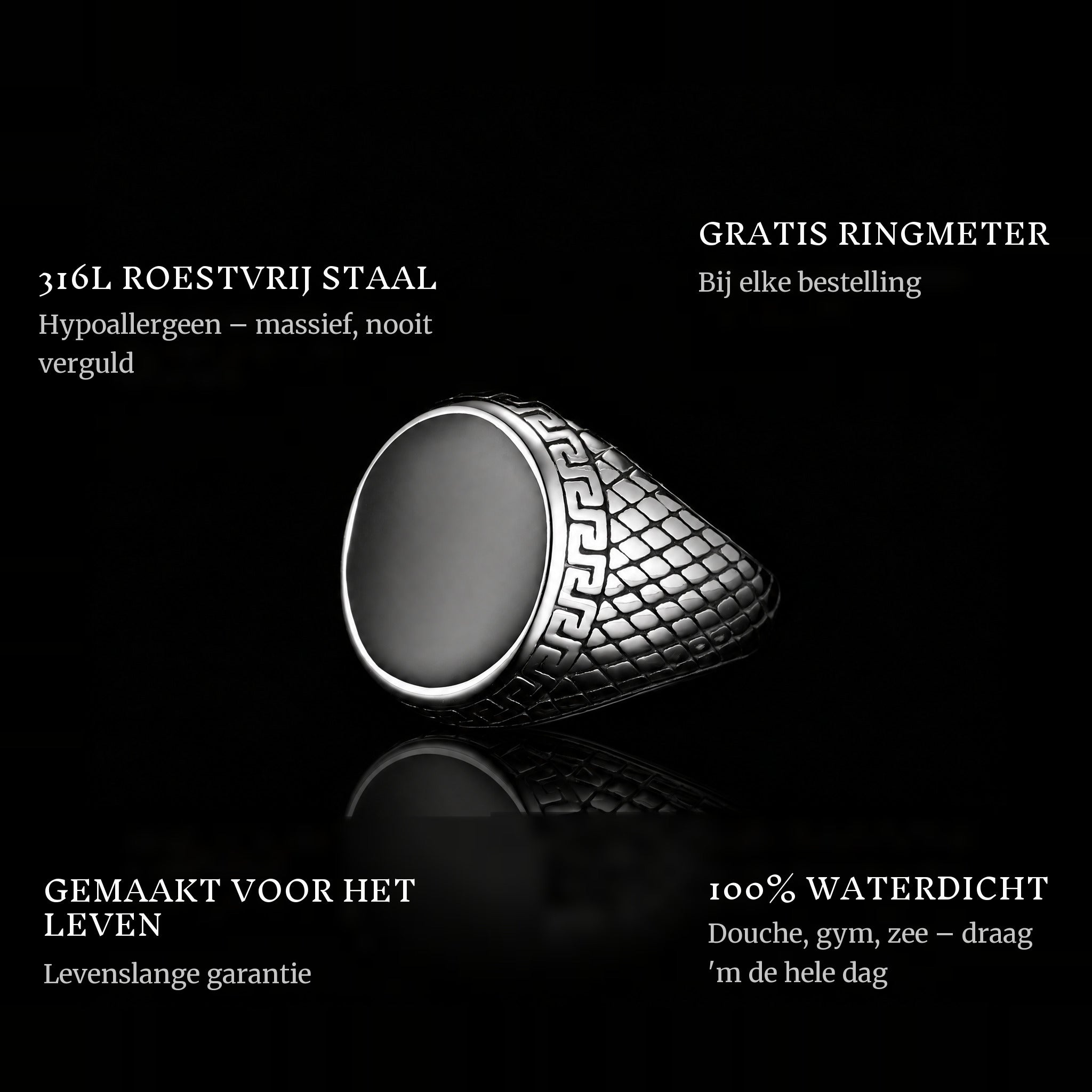 Traveler ring features: 316L stainless steel, free ring sizer in every order, 100% waterproof, lifetime guarantee