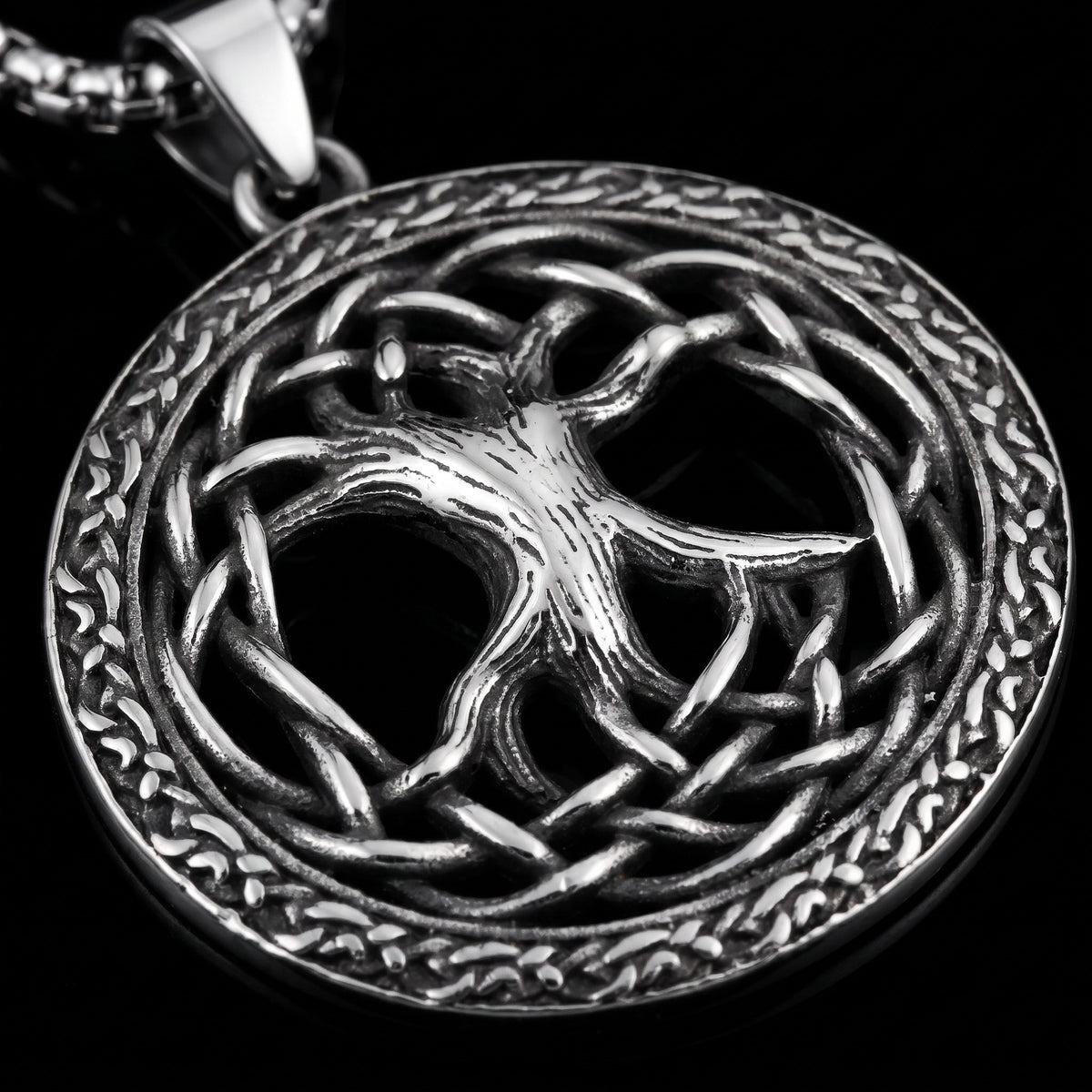 Macro close-up of the Tree Of Life pendant in 316L stainless steel, Outlaws Amsterdam