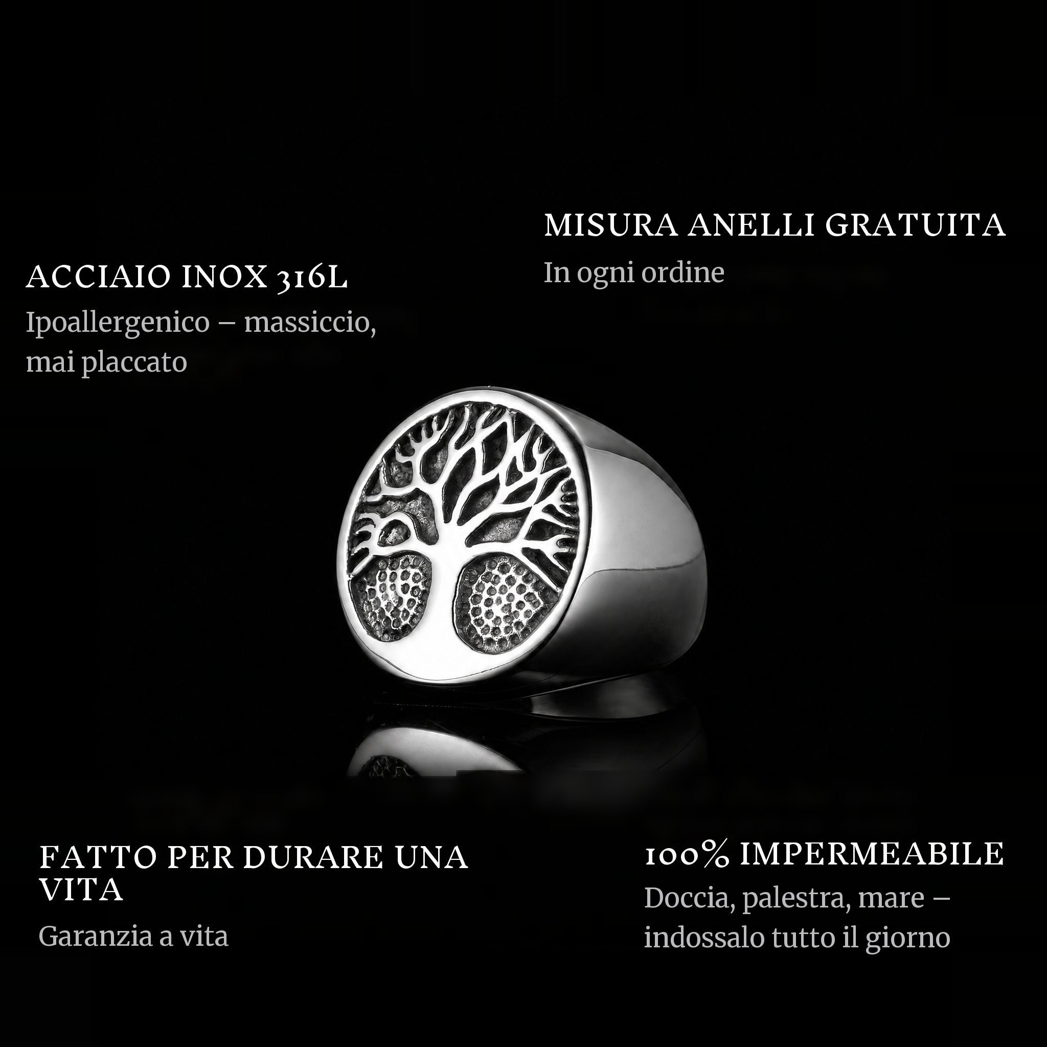 Tree Of Life ring features: 316L stainless steel, free ring sizer in every order, 100% waterproof, lifetime guarantee