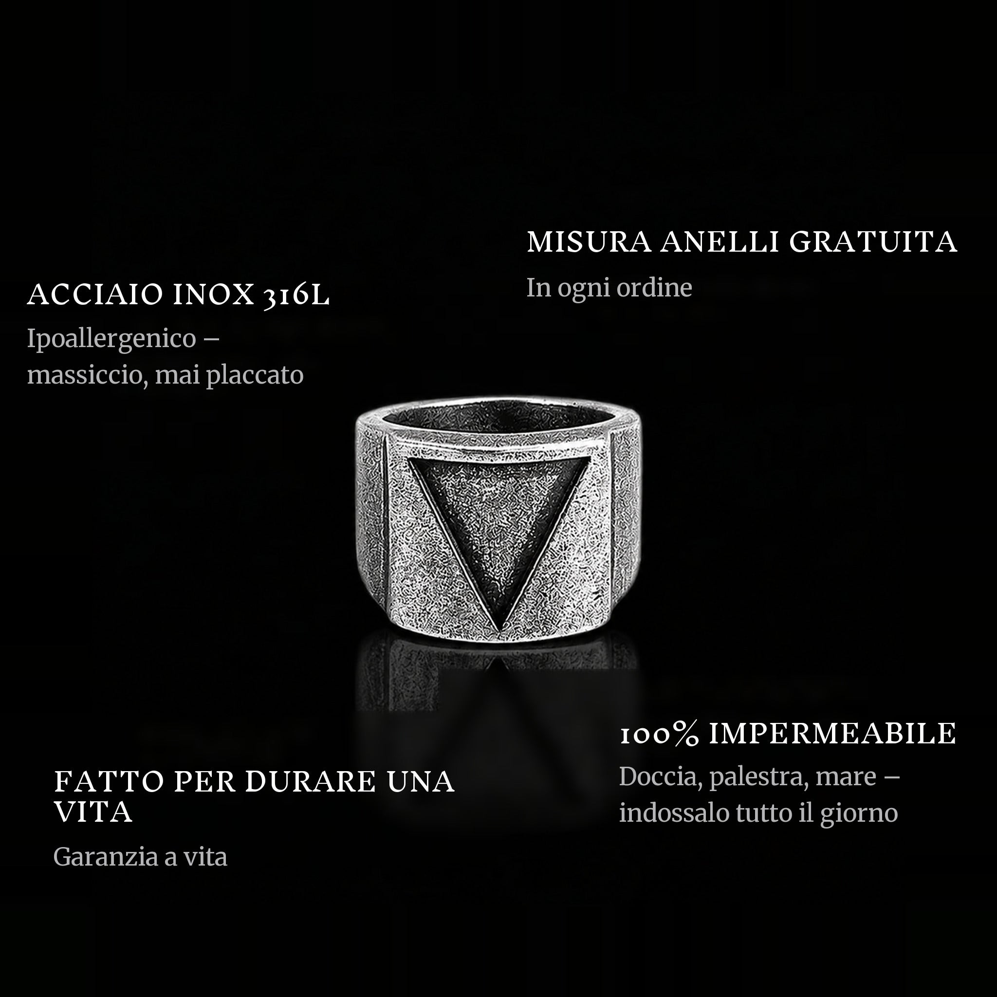 Triangle ring features: 316L stainless steel, free ring sizer in every order, 100% waterproof, lifetime guarantee
