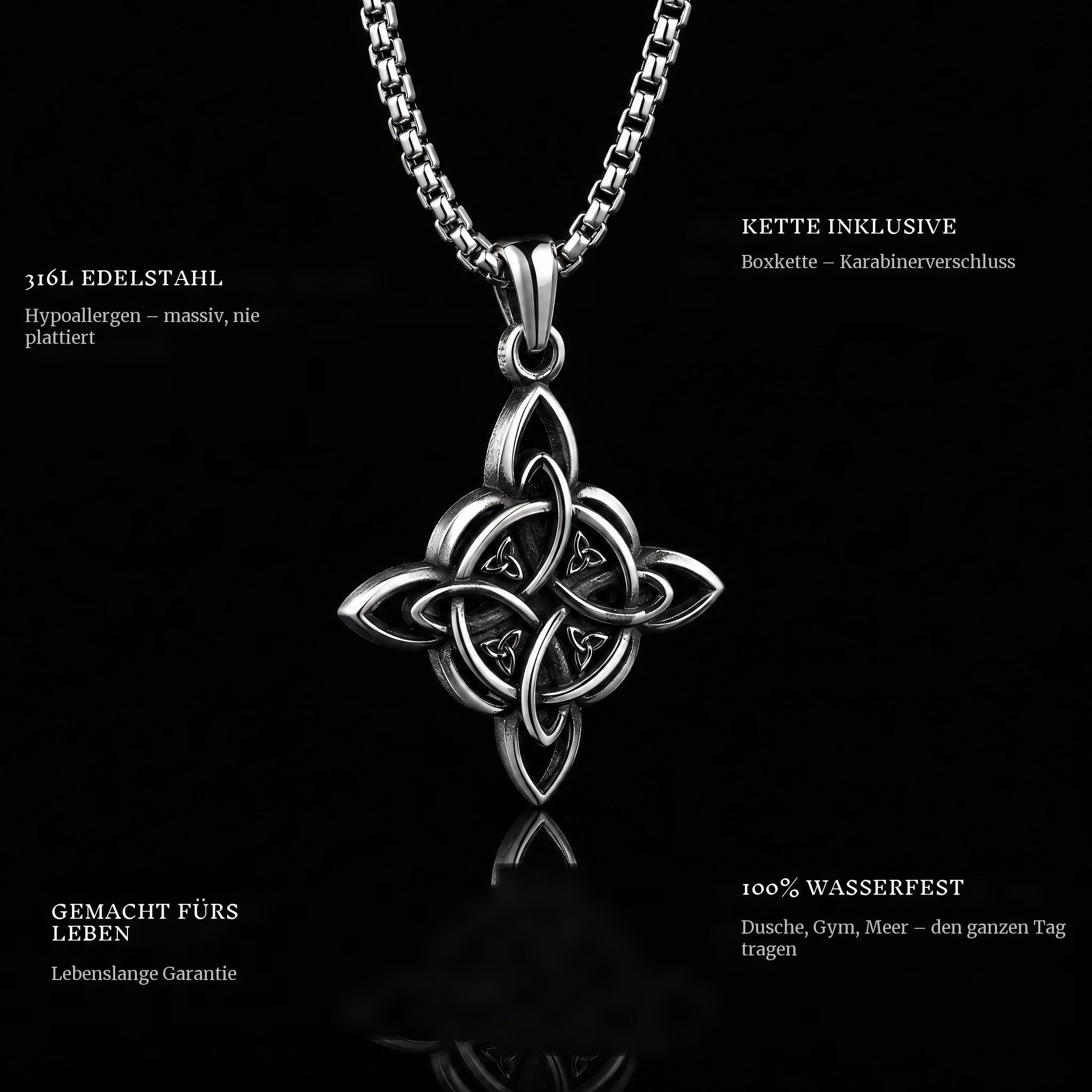 Valknut Cross pendant features: 316L stainless steel, chain included, 100% waterproof, lifetime guarantee