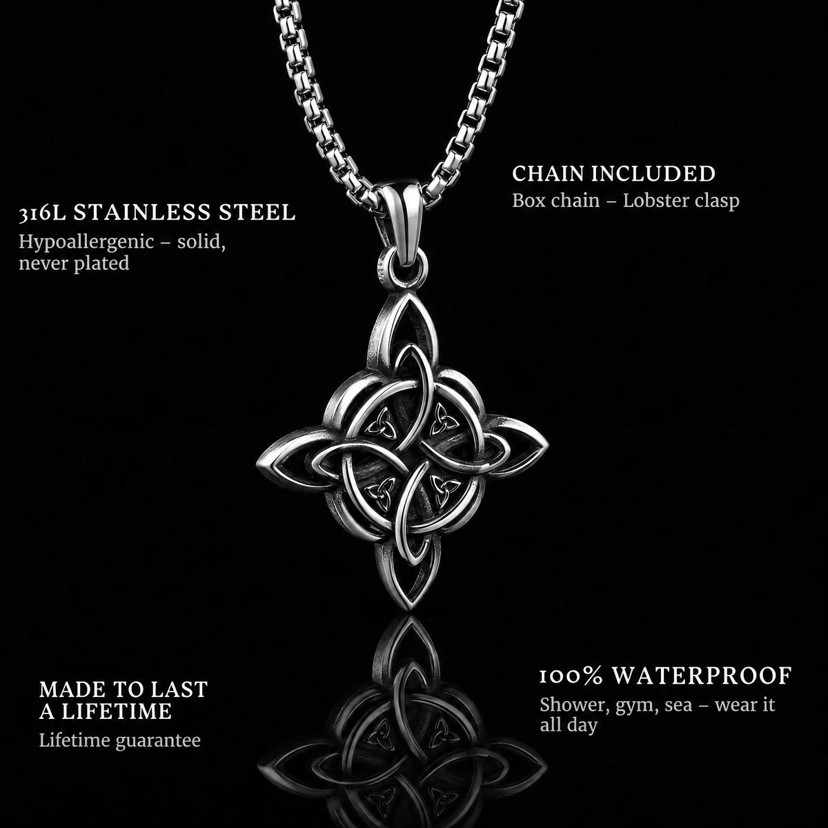 Valknut Cross pendant features: 316L stainless steel, chain included, 100% waterproof, lifetime guarantee