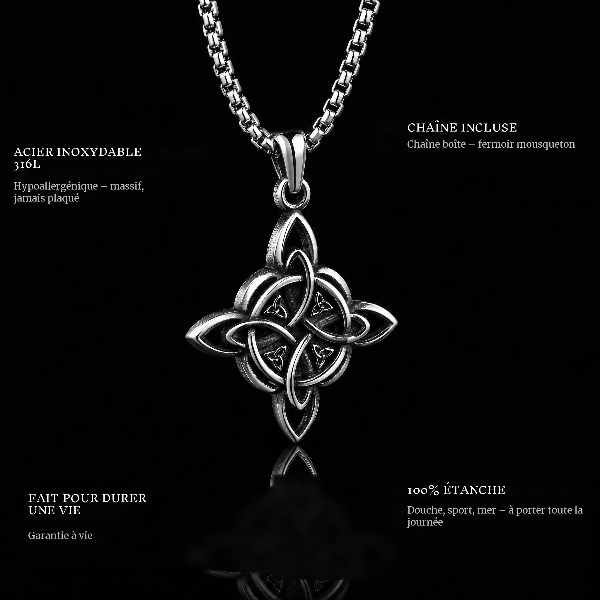 Valknut Cross pendant features: 316L stainless steel, chain included, 100% waterproof, lifetime guarantee