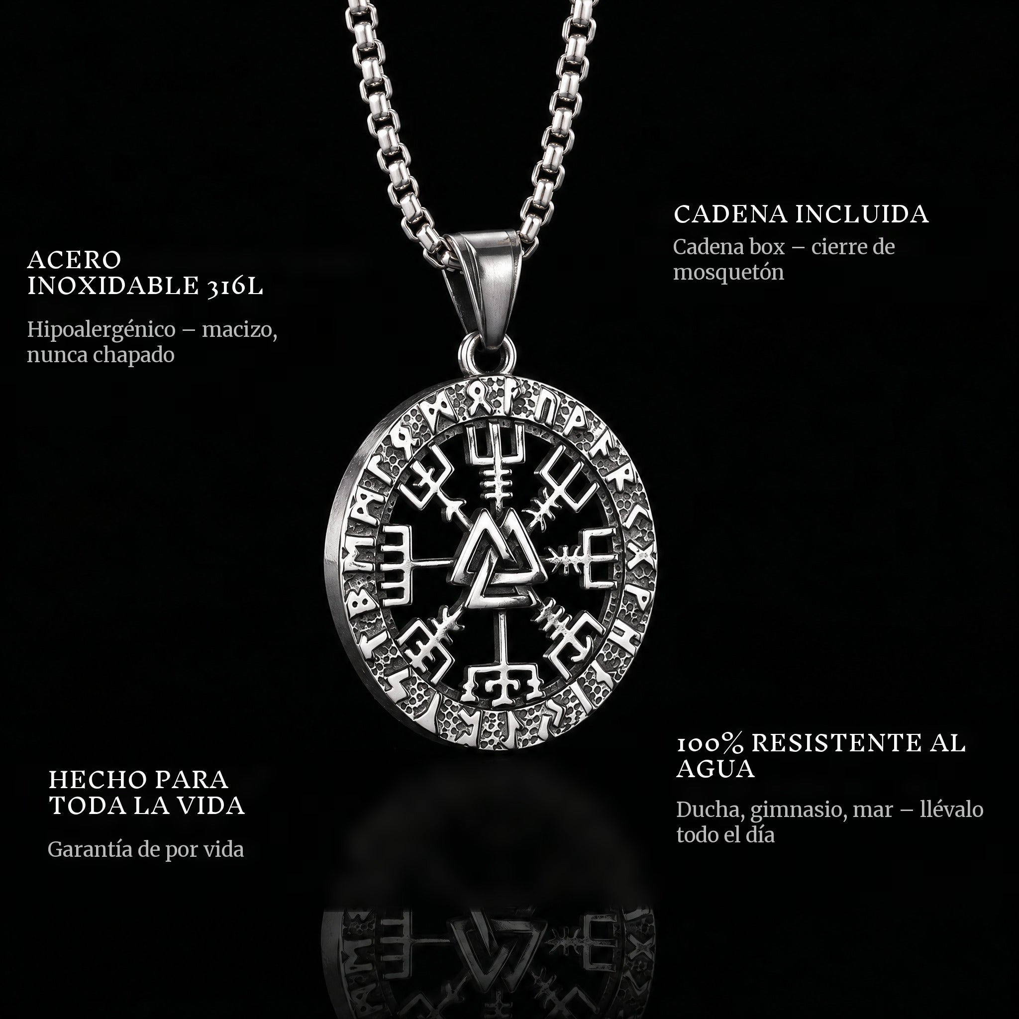 Viking Compass pendant features: 316L stainless steel, chain included, 100% waterproof, lifetime guarantee