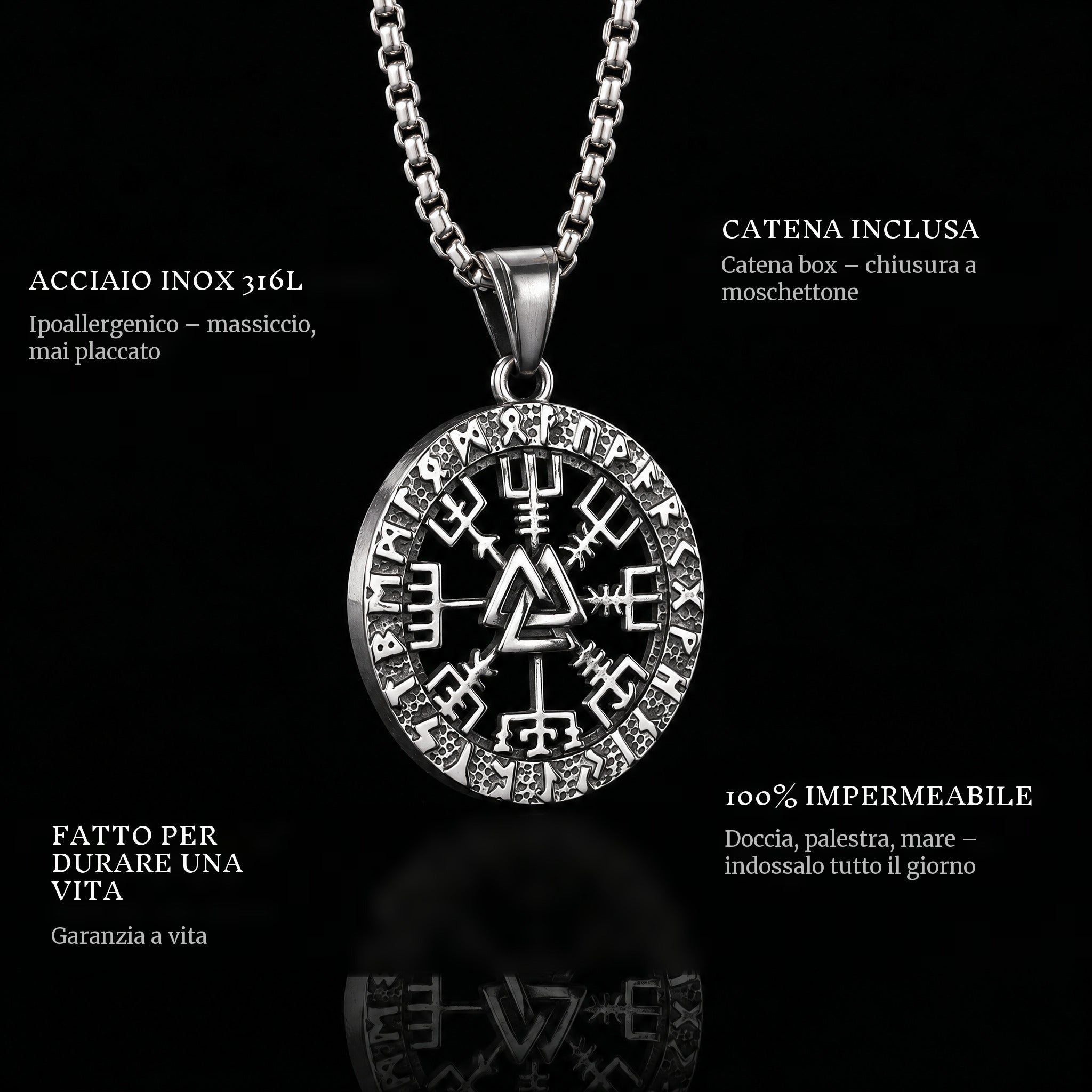 Viking Compass pendant features: 316L stainless steel, chain included, 100% waterproof, lifetime guarantee