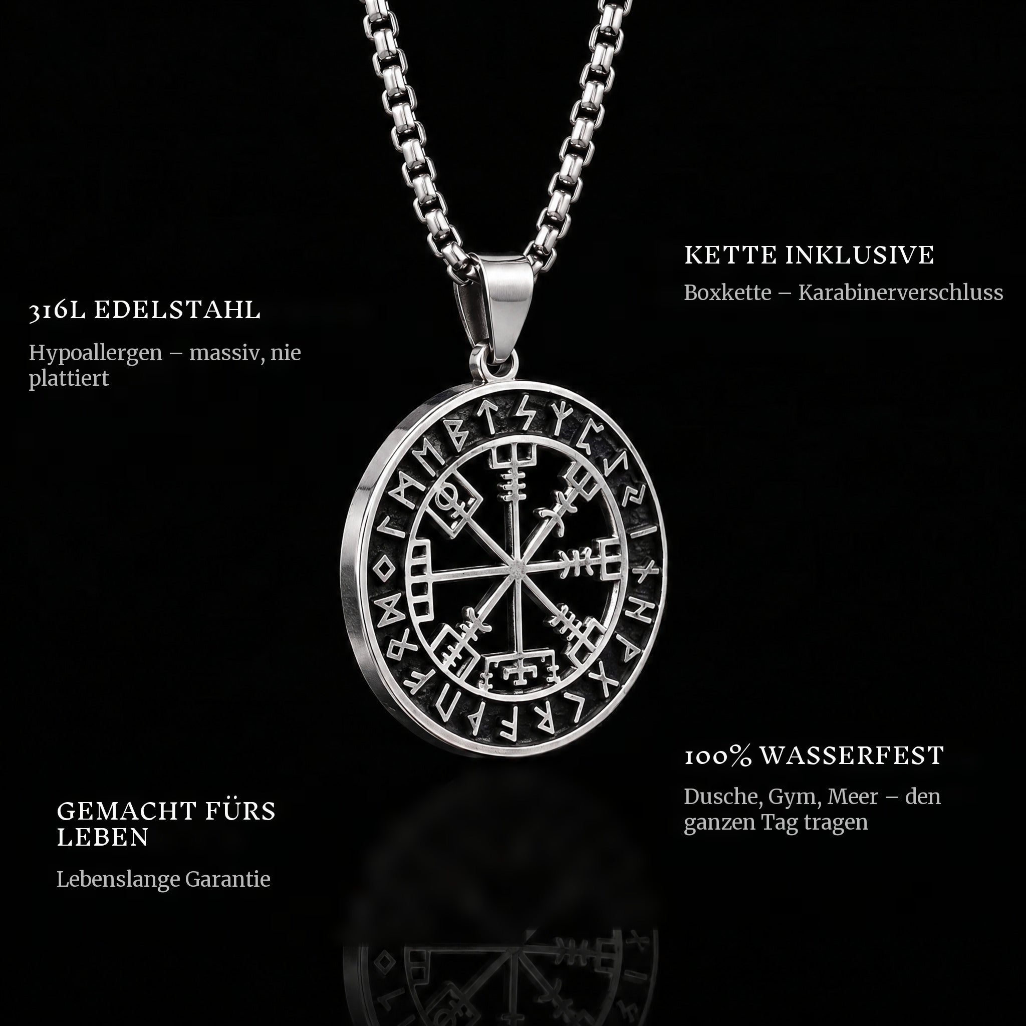 Vegvisir pendant features: 316L stainless steel, chain included, 100% waterproof, lifetime guarantee