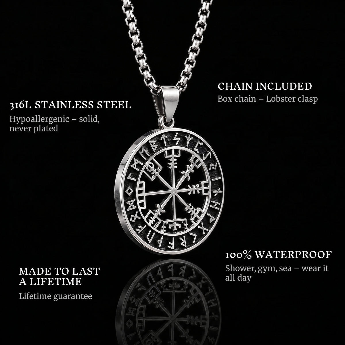 Vegvisir pendant features: 316L stainless steel, chain included, 100% waterproof, lifetime guarantee