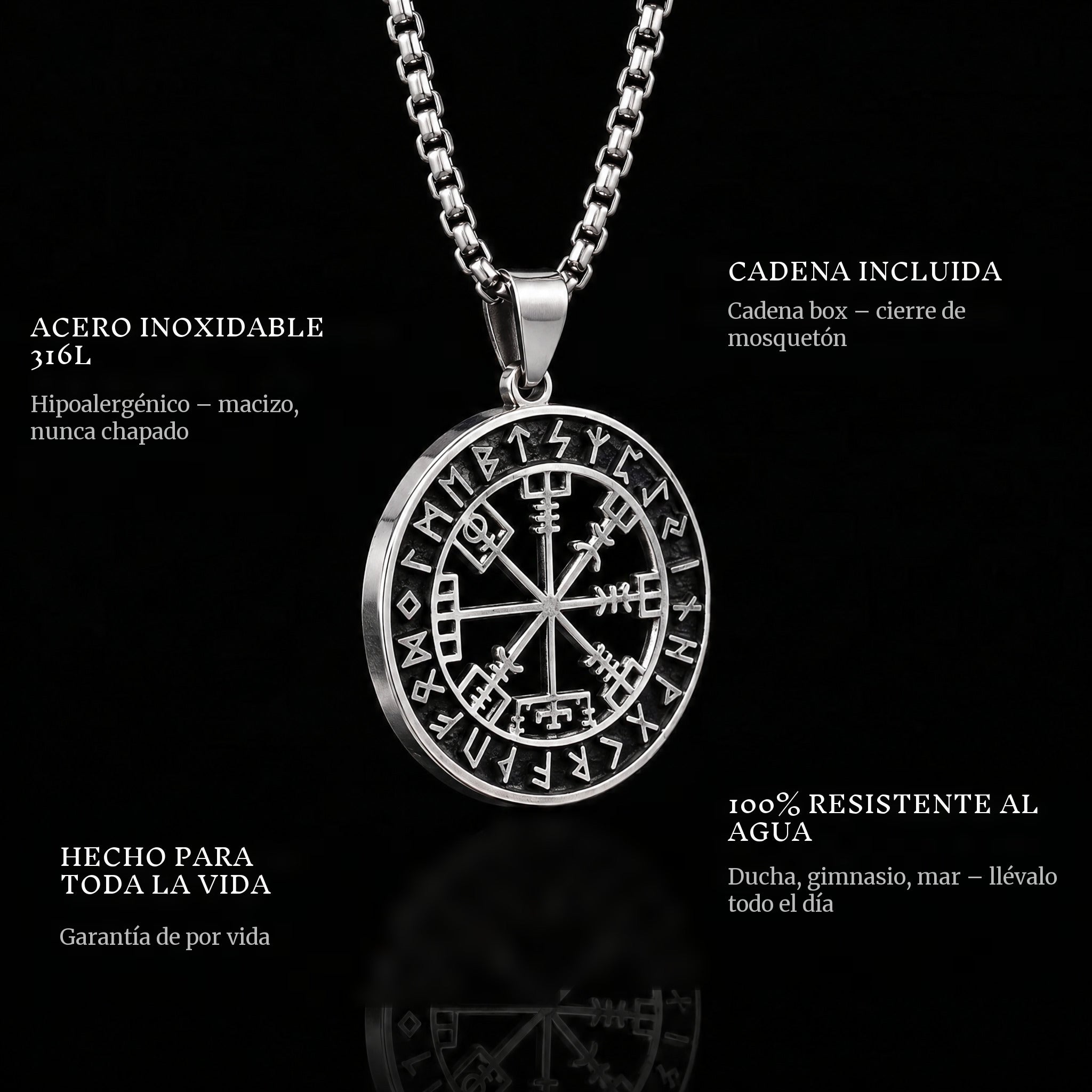 Vegvisir pendant features: 316L stainless steel, chain included, 100% waterproof, lifetime guarantee
