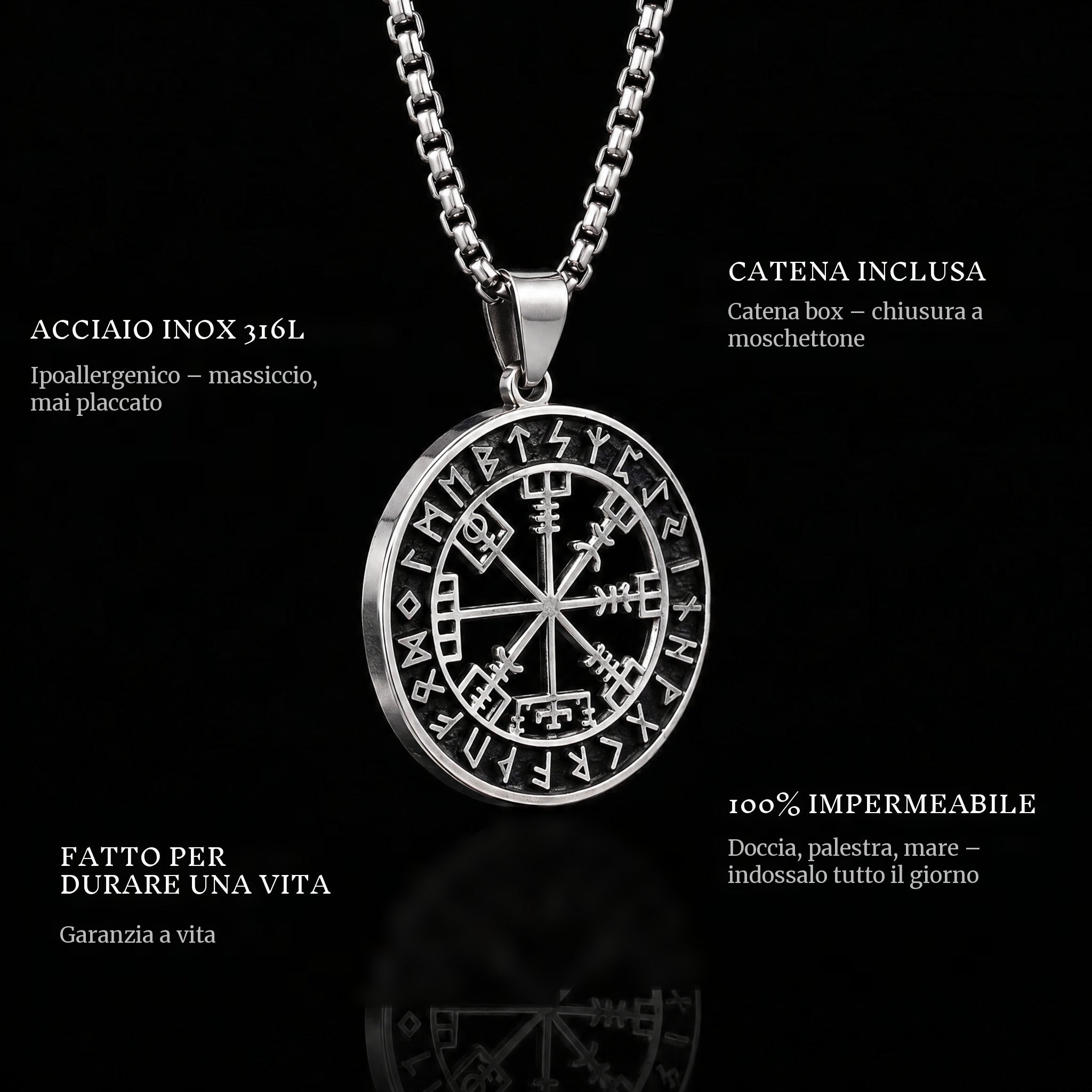 Vegvisir pendant features: 316L stainless steel, chain included, 100% waterproof, lifetime guarantee