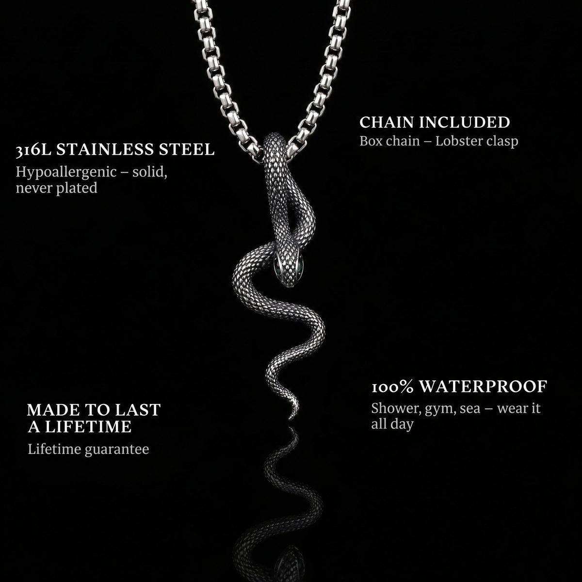 Venomous Grace pendant features: 316L stainless steel, chain included, 100% waterproof, lifetime guarantee
