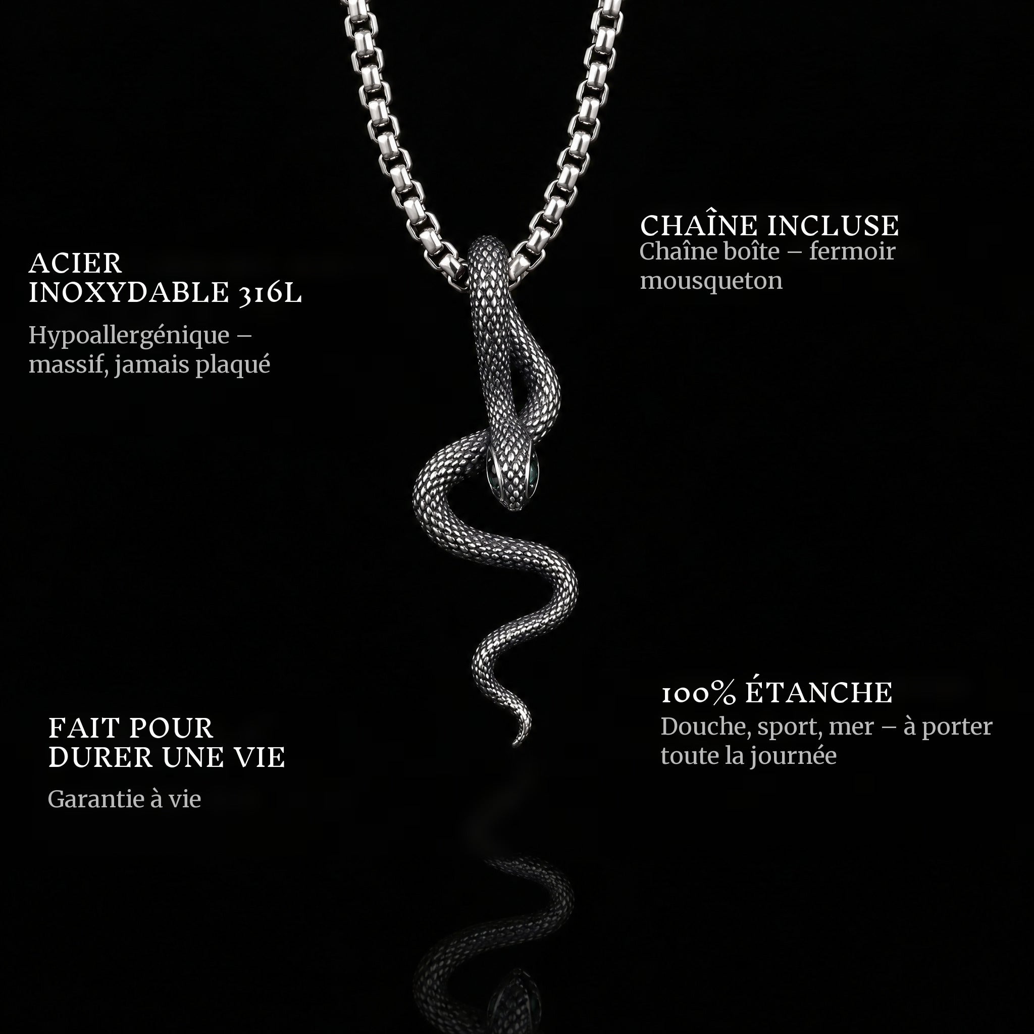 Venomous Grace pendant features: 316L stainless steel, chain included, 100% waterproof, lifetime guarantee