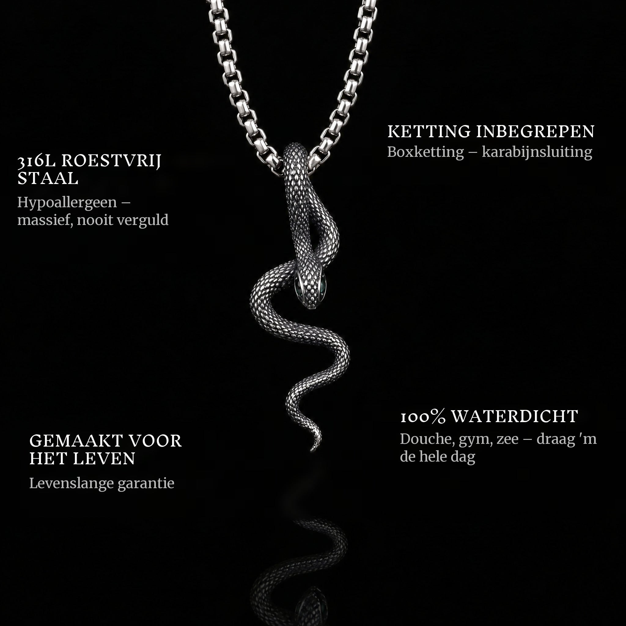 Venomous Grace pendant features: 316L stainless steel, chain included, 100% waterproof, lifetime guarantee
