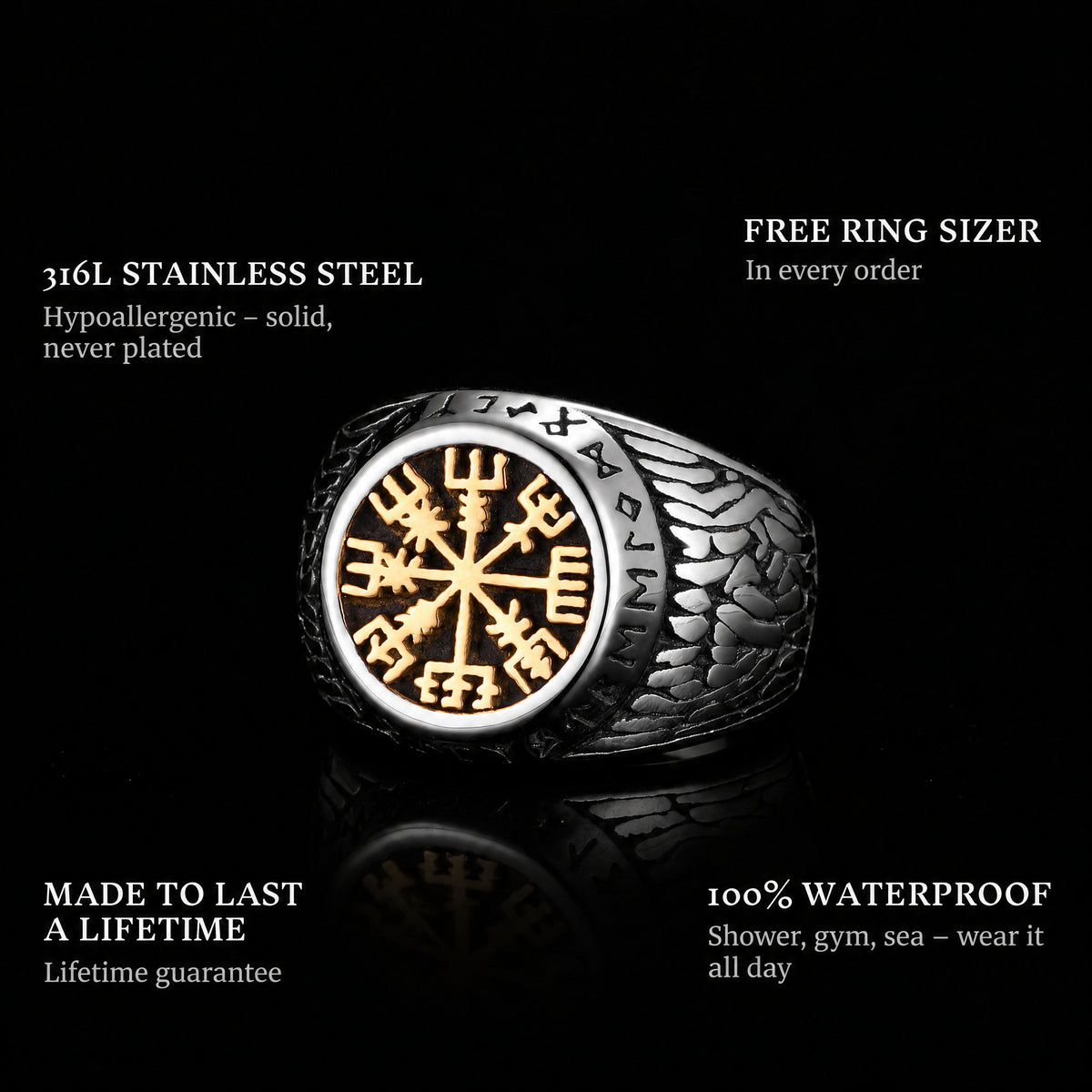 Vikings Gold ring features: 316L stainless steel, free ring sizer in every order, 100% waterproof, lifetime guarantee