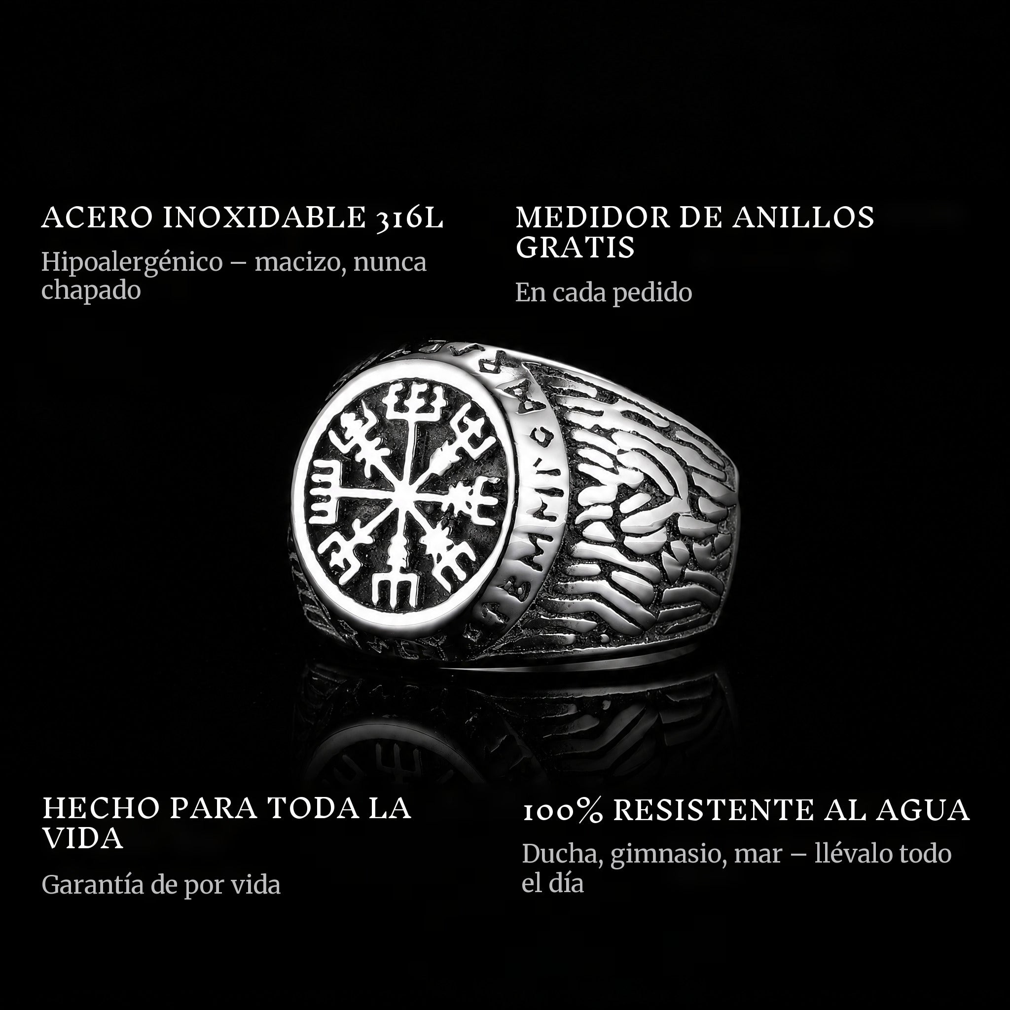 Vikings ring features: 316L stainless steel, free ring sizer in every order, 100% waterproof, lifetime guarantee