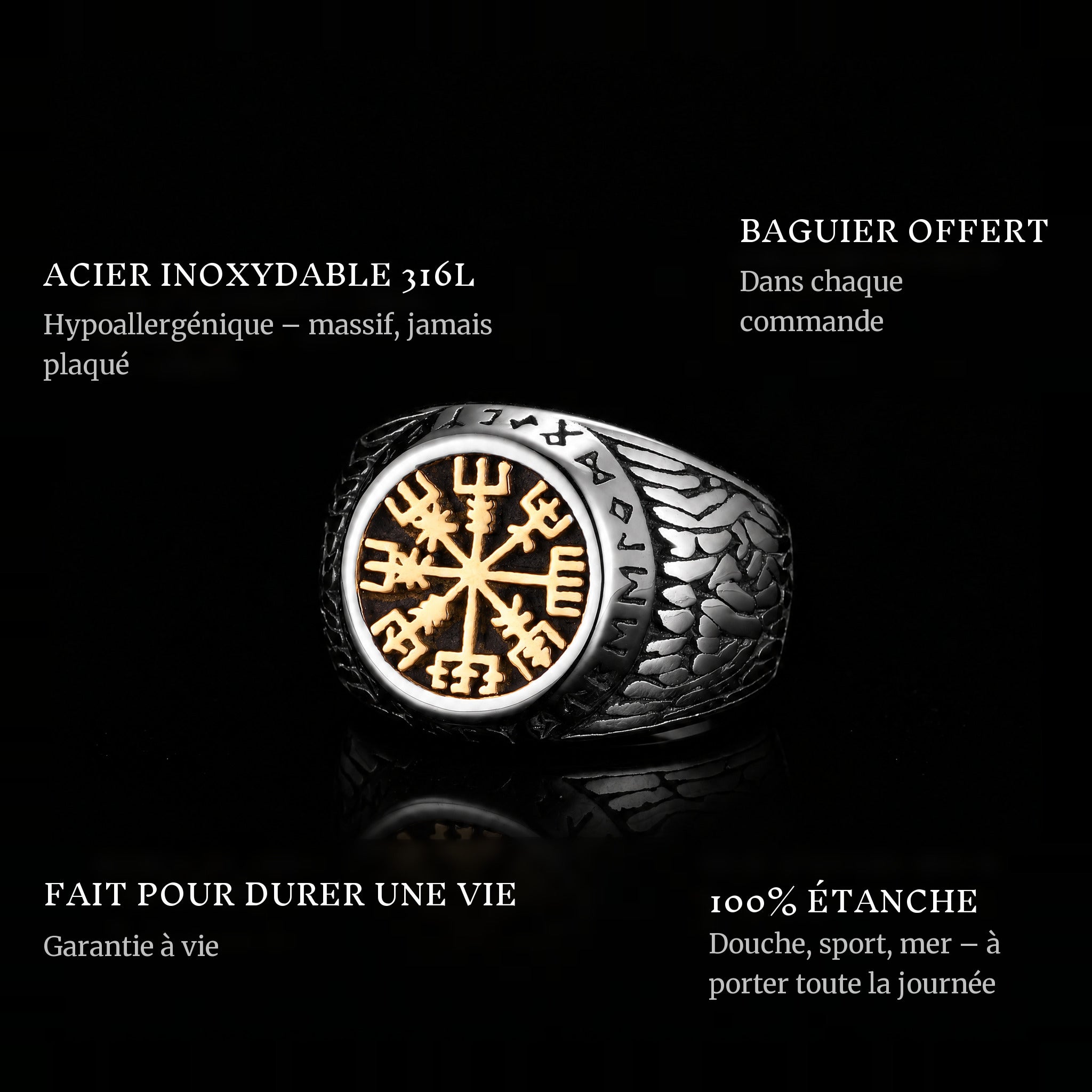 Vikings Gold ring features: 316L stainless steel, free ring sizer in every order, 100% waterproof, lifetime guarantee