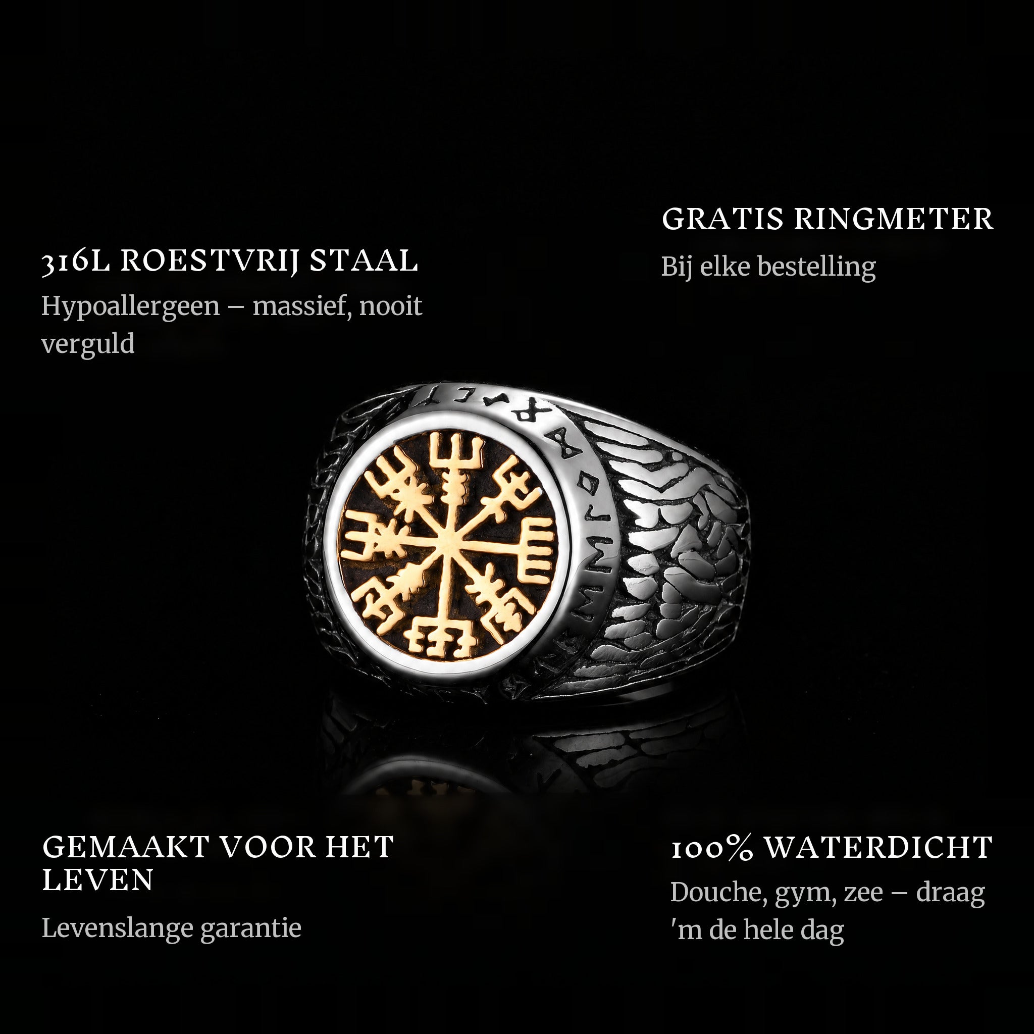 Vikings Gold ring features: 316L stainless steel, free ring sizer in every order, 100% waterproof, lifetime guarantee