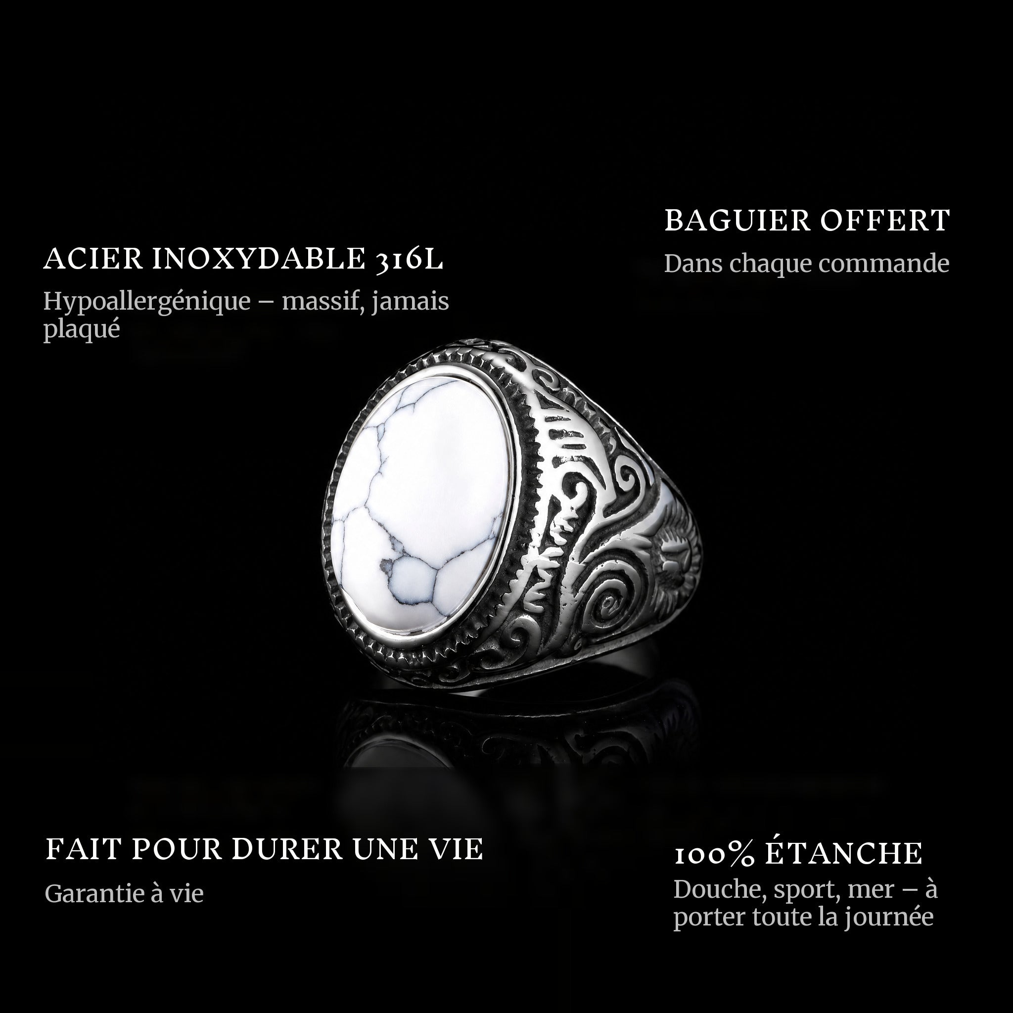 White Eyes ring features: 316L stainless steel, free ring sizer in every order, 100% waterproof, lifetime guarantee