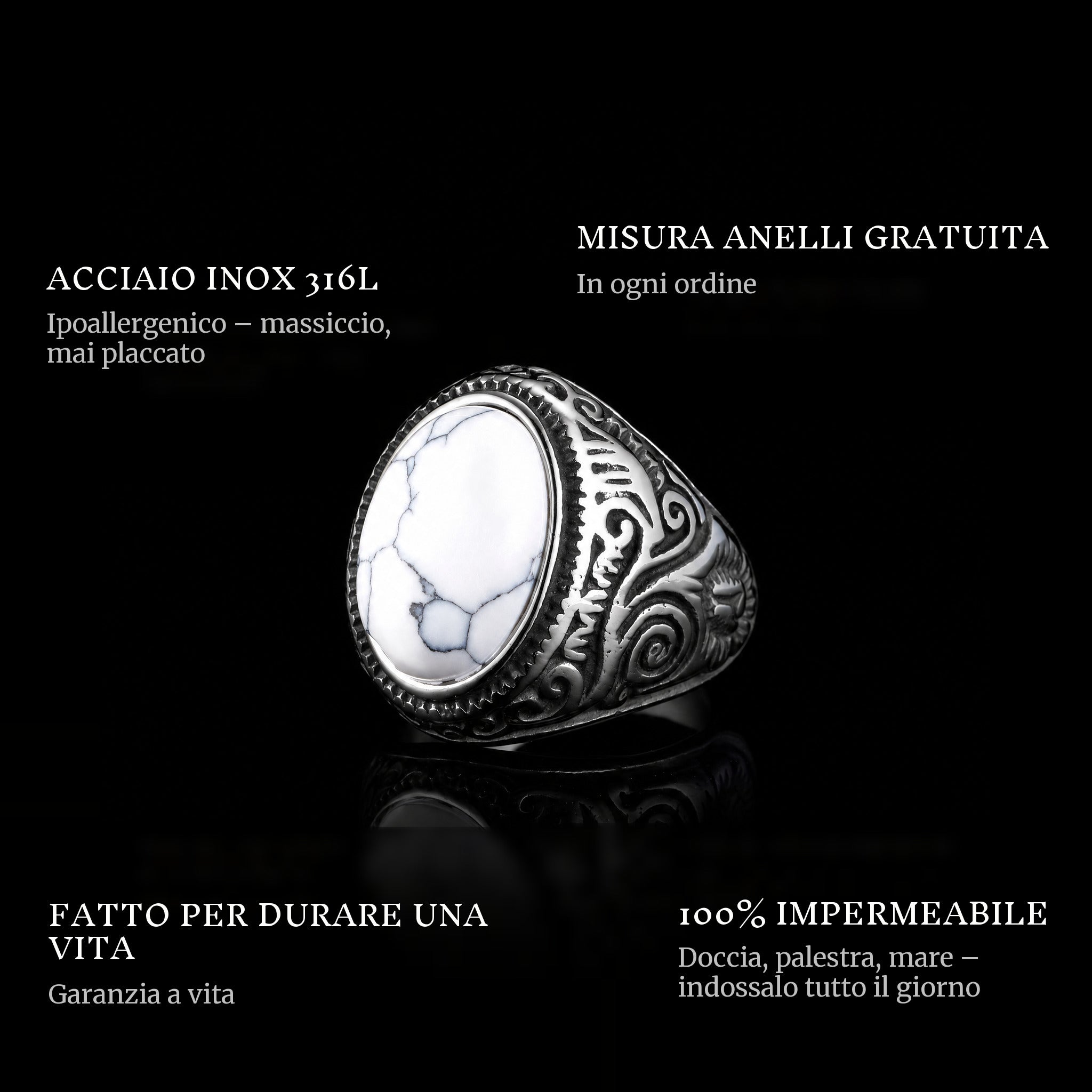 White Eyes ring features: 316L stainless steel, free ring sizer in every order, 100% waterproof, lifetime guarantee