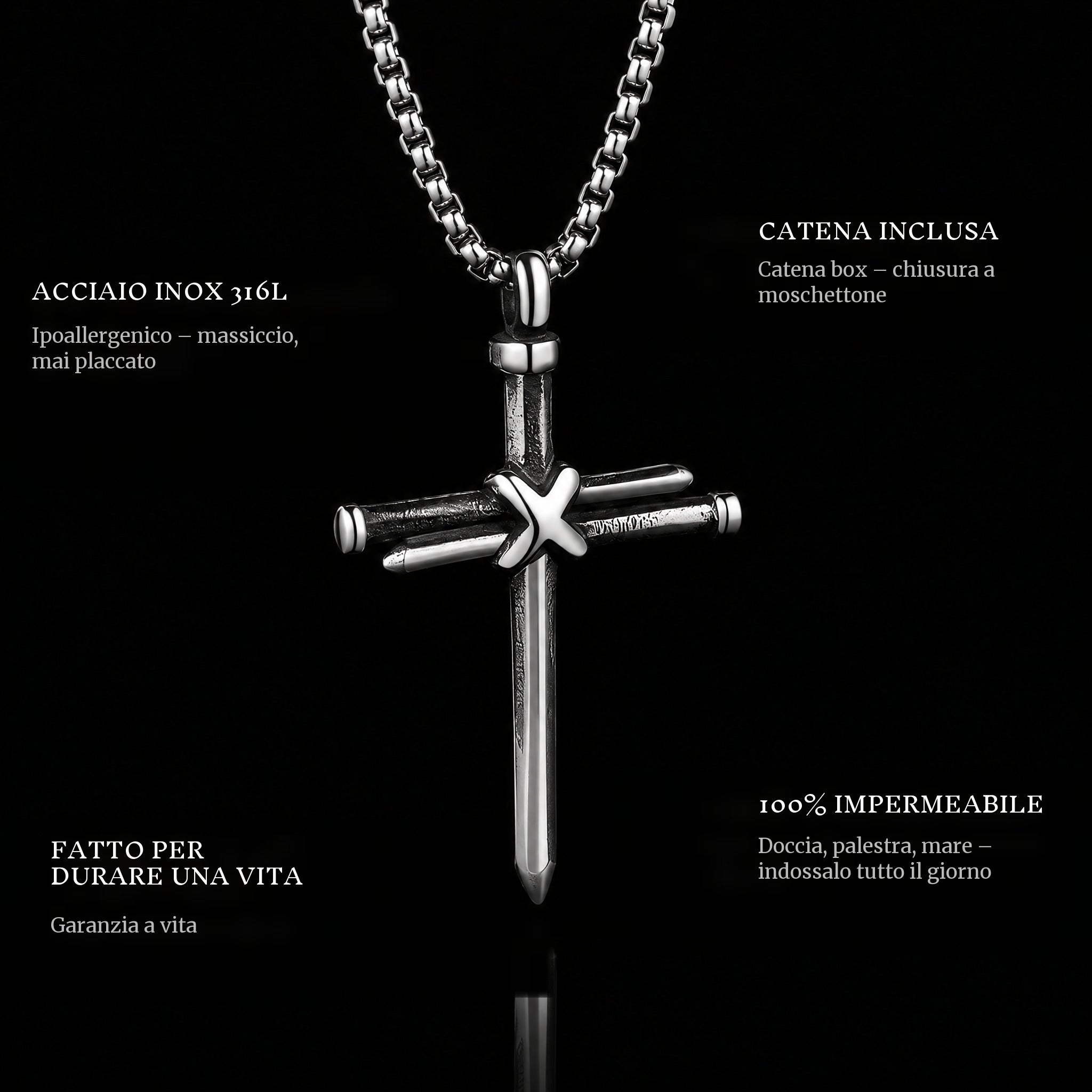 Wooden Cross Ii pendant features: 316L stainless steel, chain included, 100% waterproof, lifetime guarantee