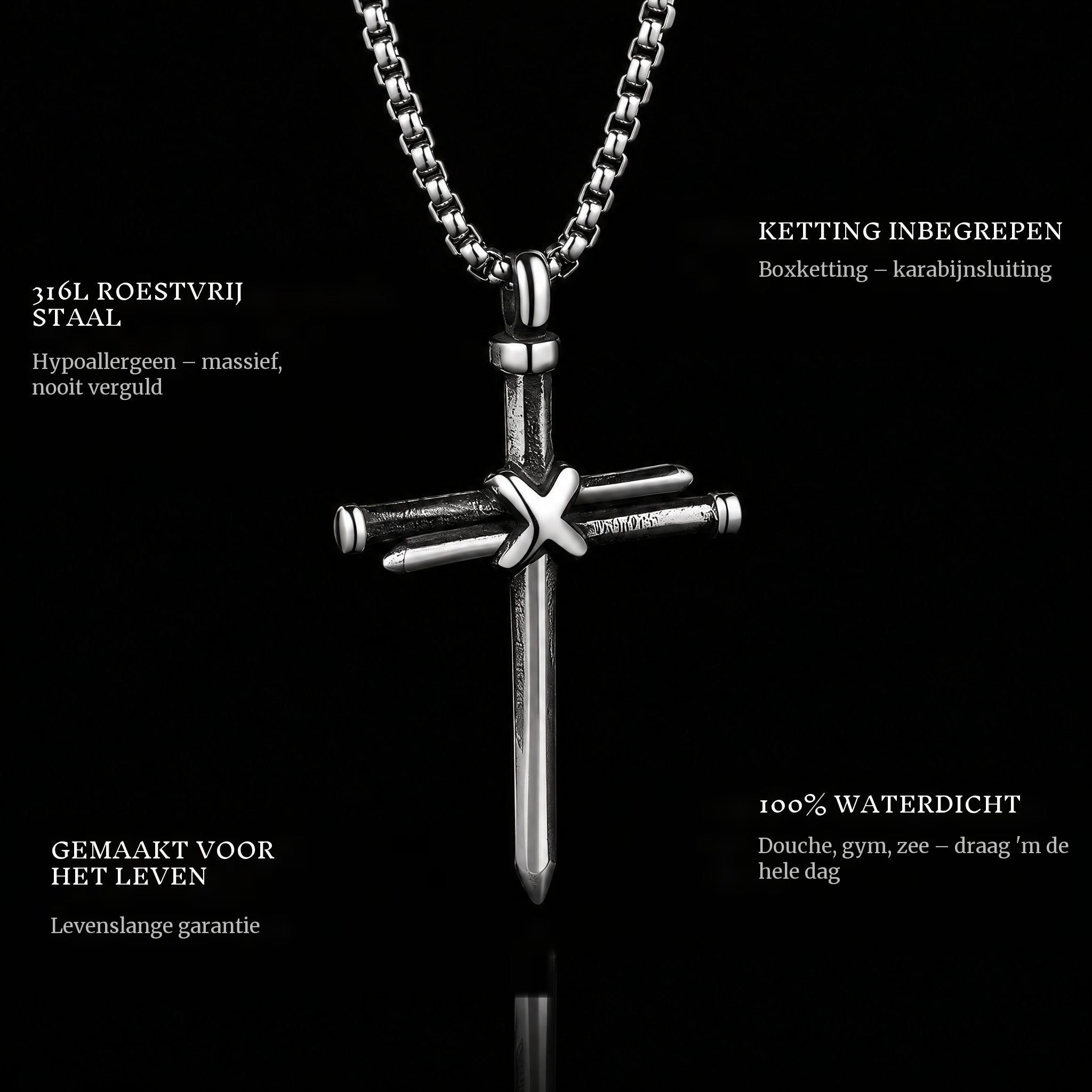 Wooden Cross Ii pendant features: 316L stainless steel, chain included, 100% waterproof, lifetime guarantee