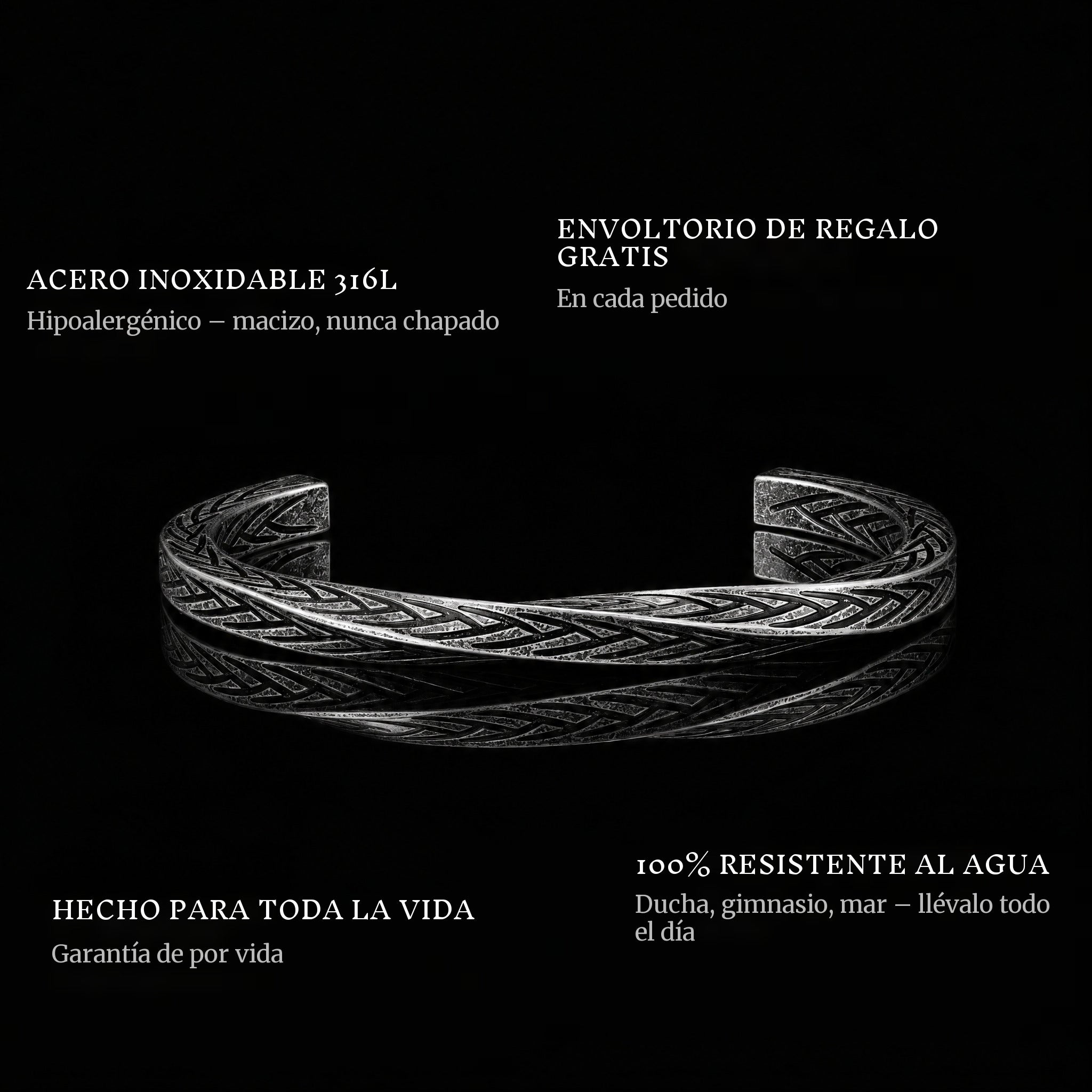 Woven Covenant features: 316L stainless steel, free gift packaging, 100% waterproof, lifetime guarantee