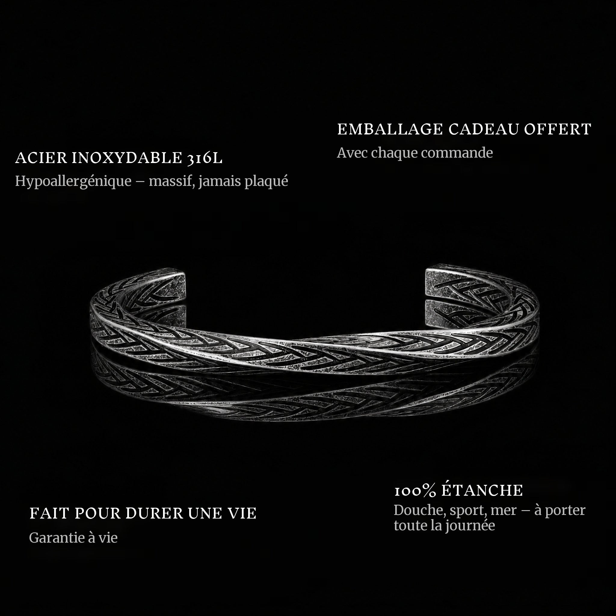 Woven Covenant features: 316L stainless steel, free gift packaging, 100% waterproof, lifetime guarantee