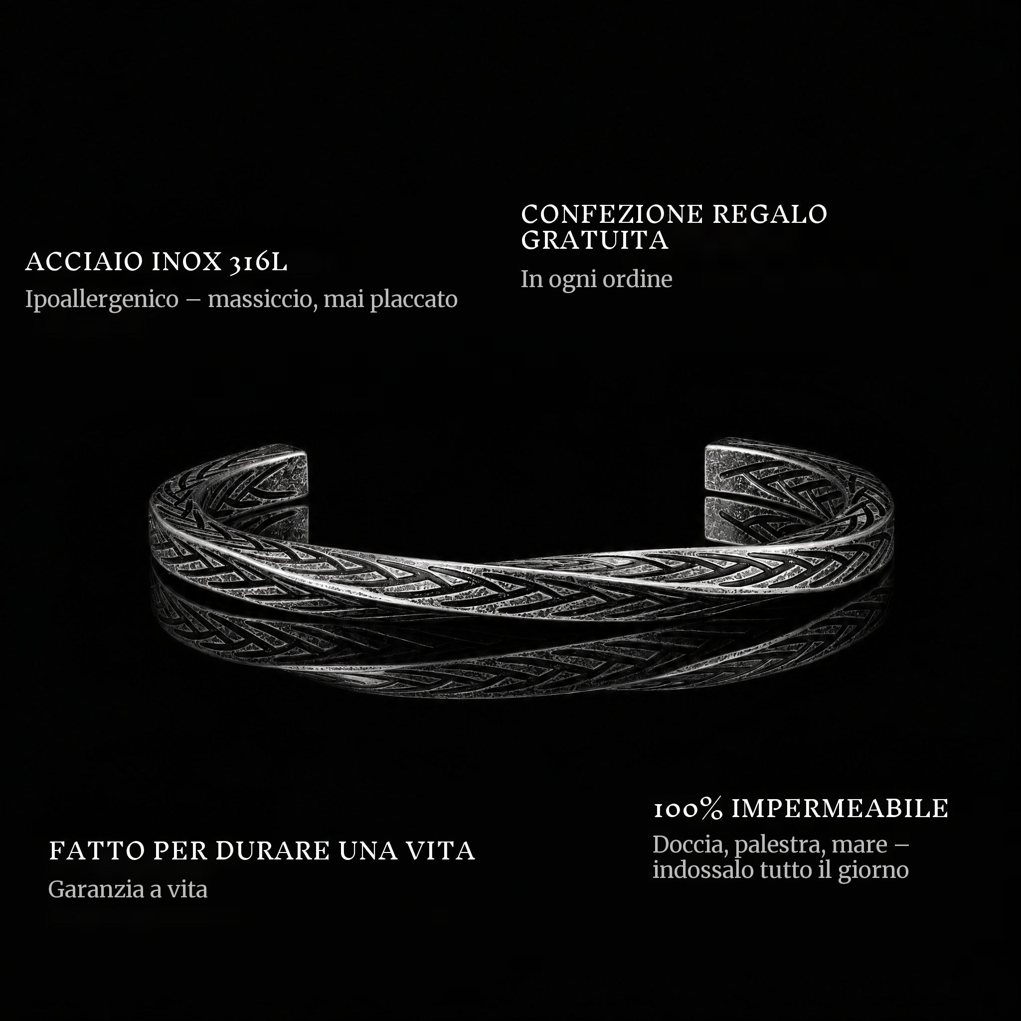 Woven Covenant features: 316L stainless steel, free gift packaging, 100% waterproof, lifetime guarantee