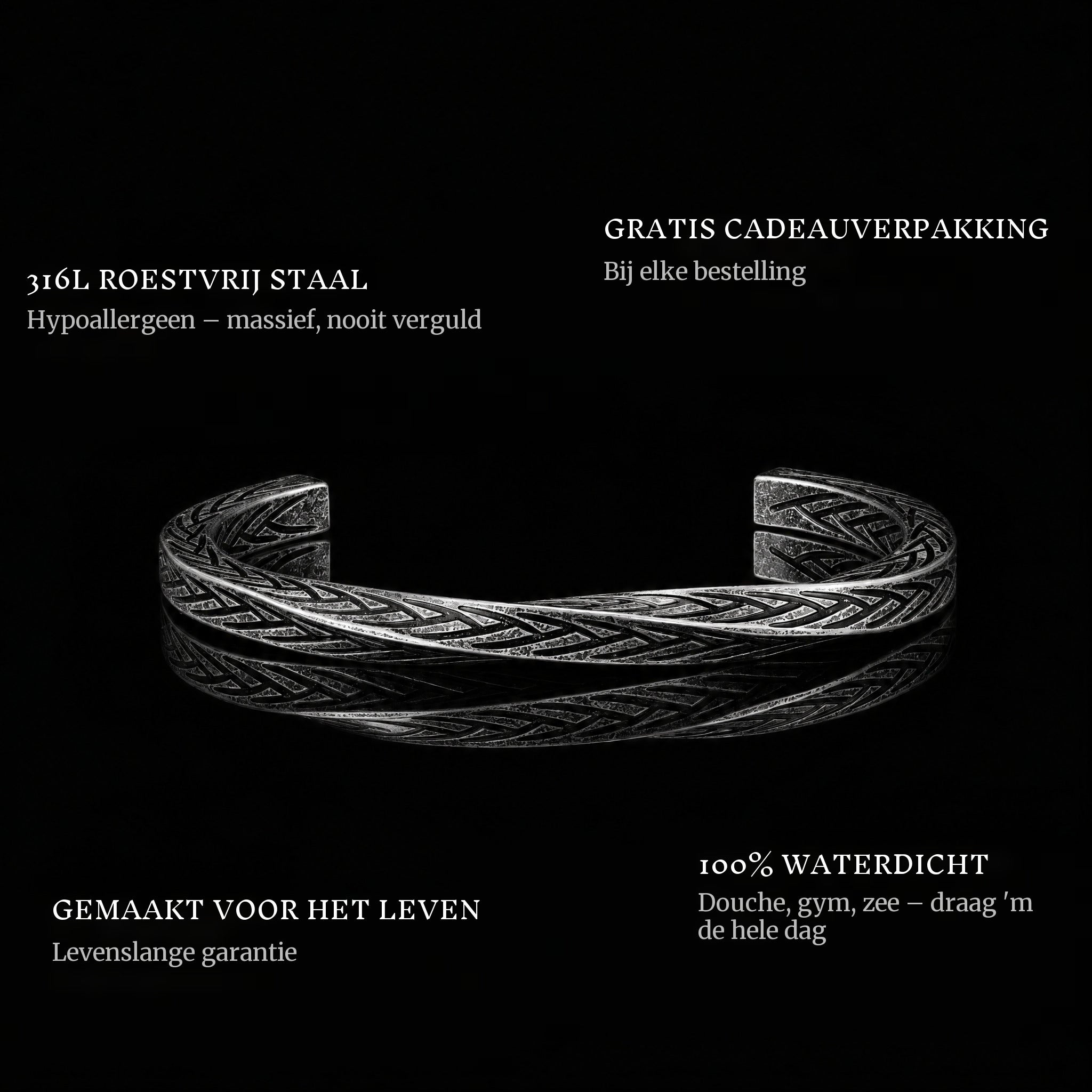Woven Covenant features: 316L stainless steel, free gift packaging, 100% waterproof, lifetime guarantee