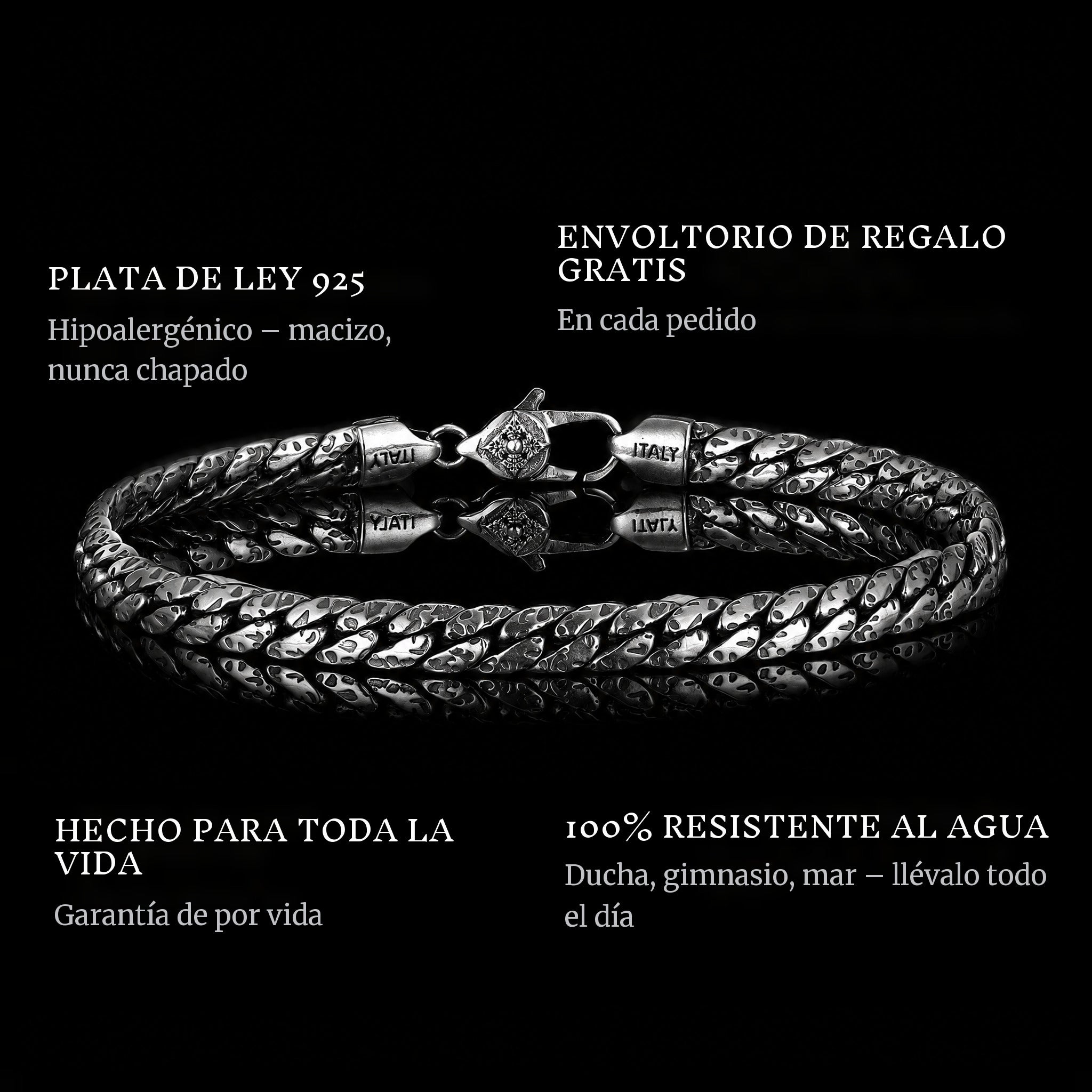 Woven Legacy features: 925 sterling silver, free gift packaging, 100% waterproof, lifetime guarantee