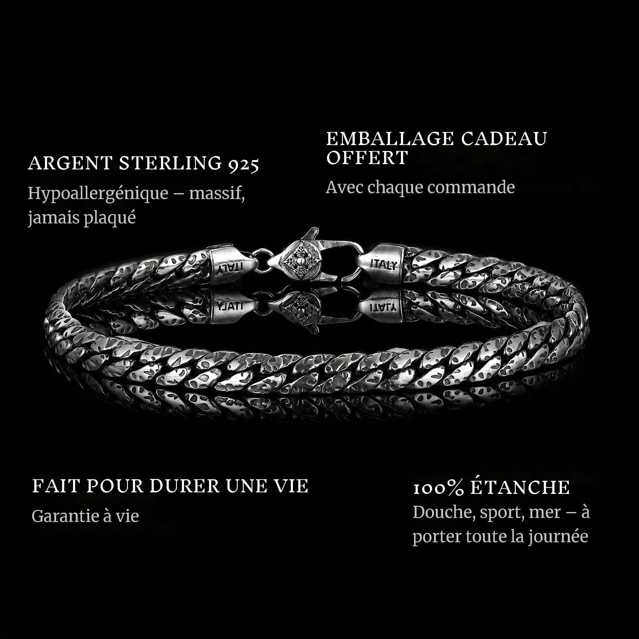 Woven Legacy features: 925 sterling silver, free gift packaging, 100% waterproof, lifetime guarantee