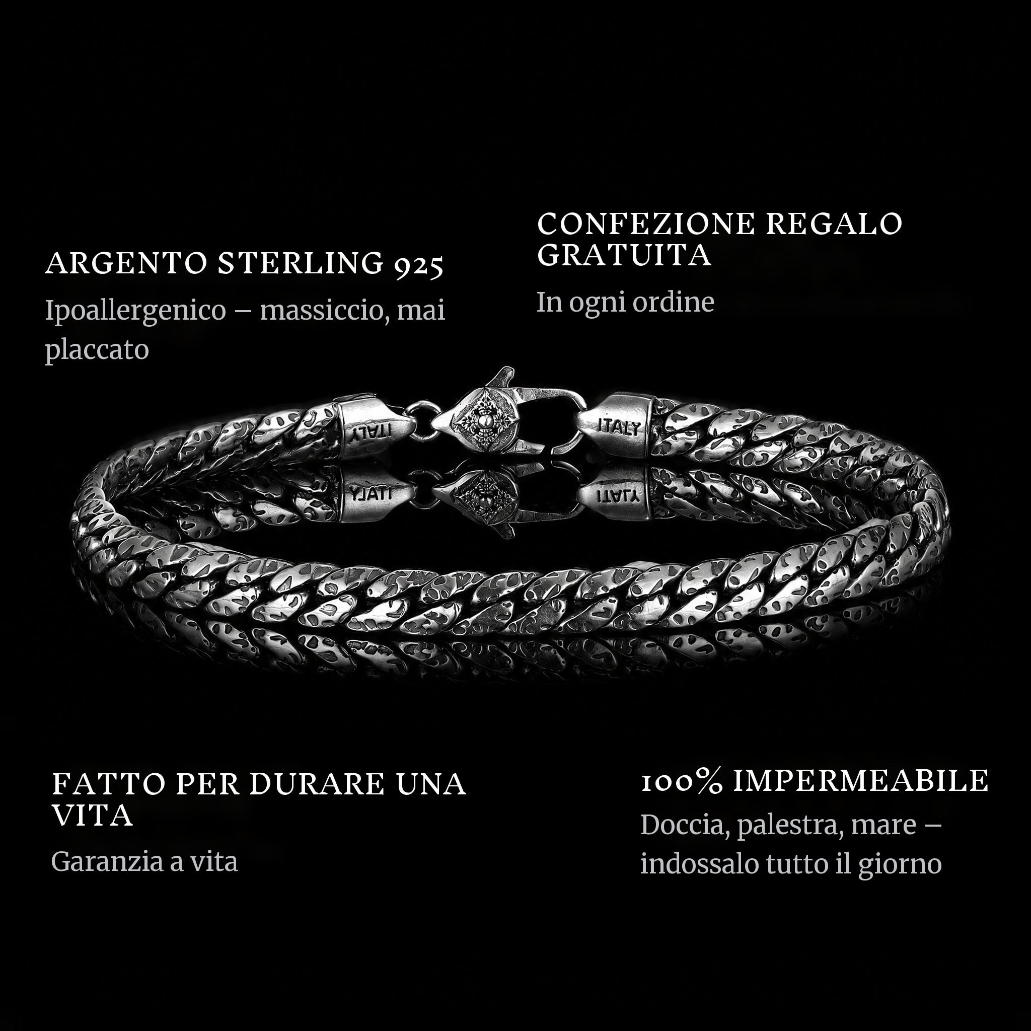 Woven Legacy features: 925 sterling silver, free gift packaging, 100% waterproof, lifetime guarantee
