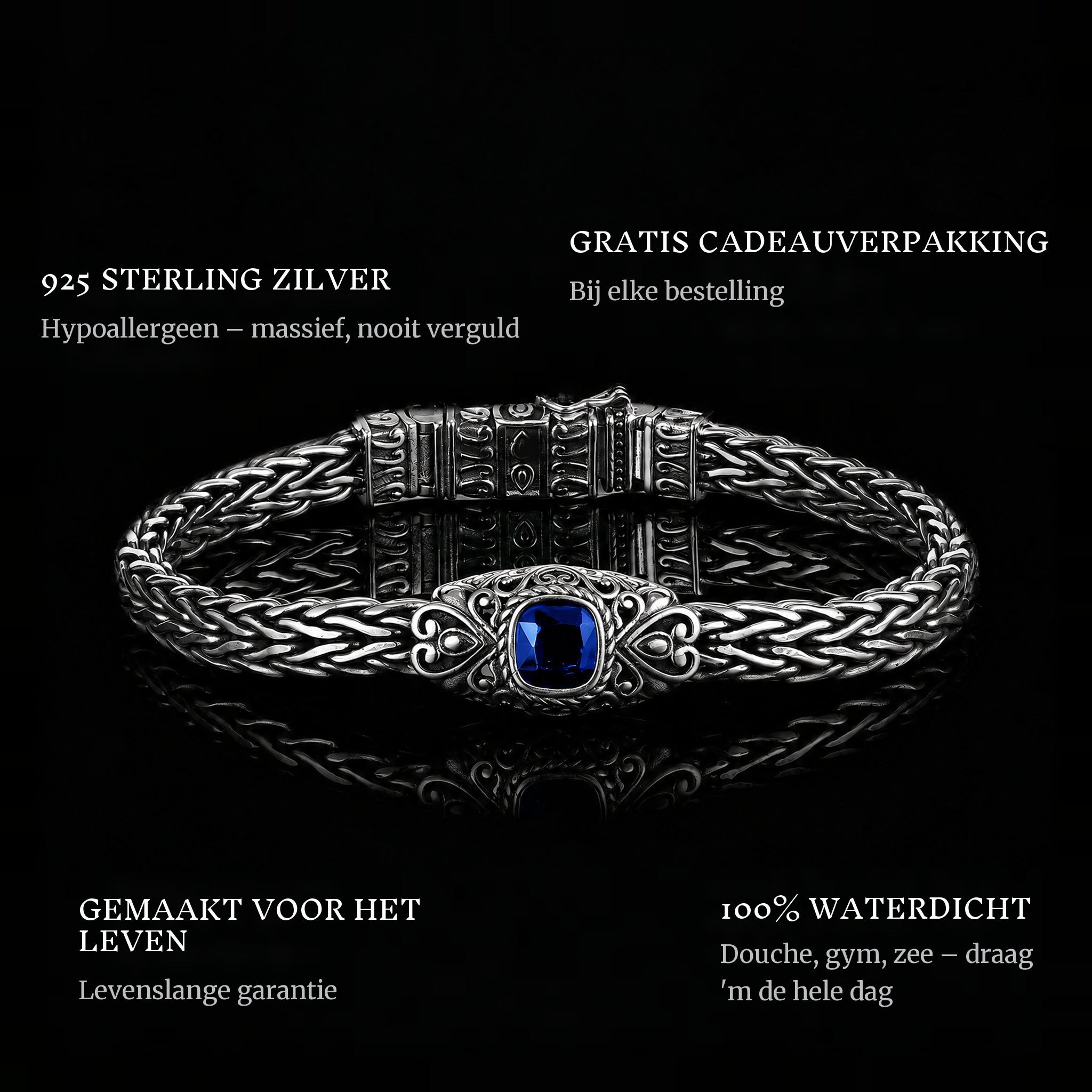 Woven Legend features: 925 sterling silver, free gift packaging, 100% waterproof, lifetime guarantee