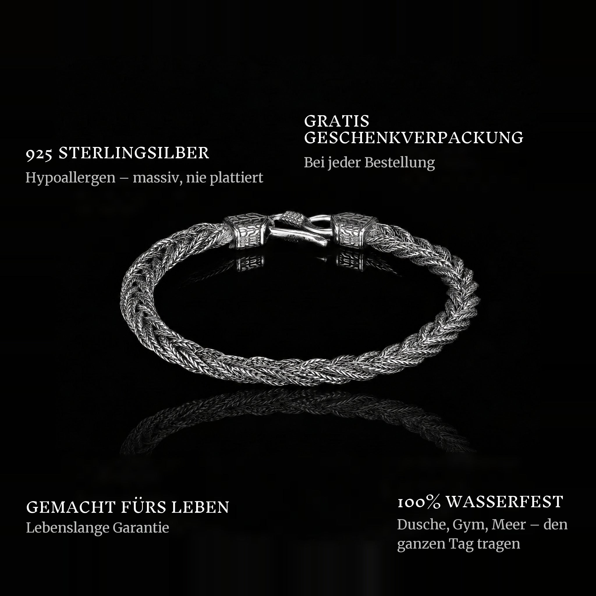 Woven Vikings features: 925 sterling silver, free gift packaging, 100% waterproof, lifetime guarantee