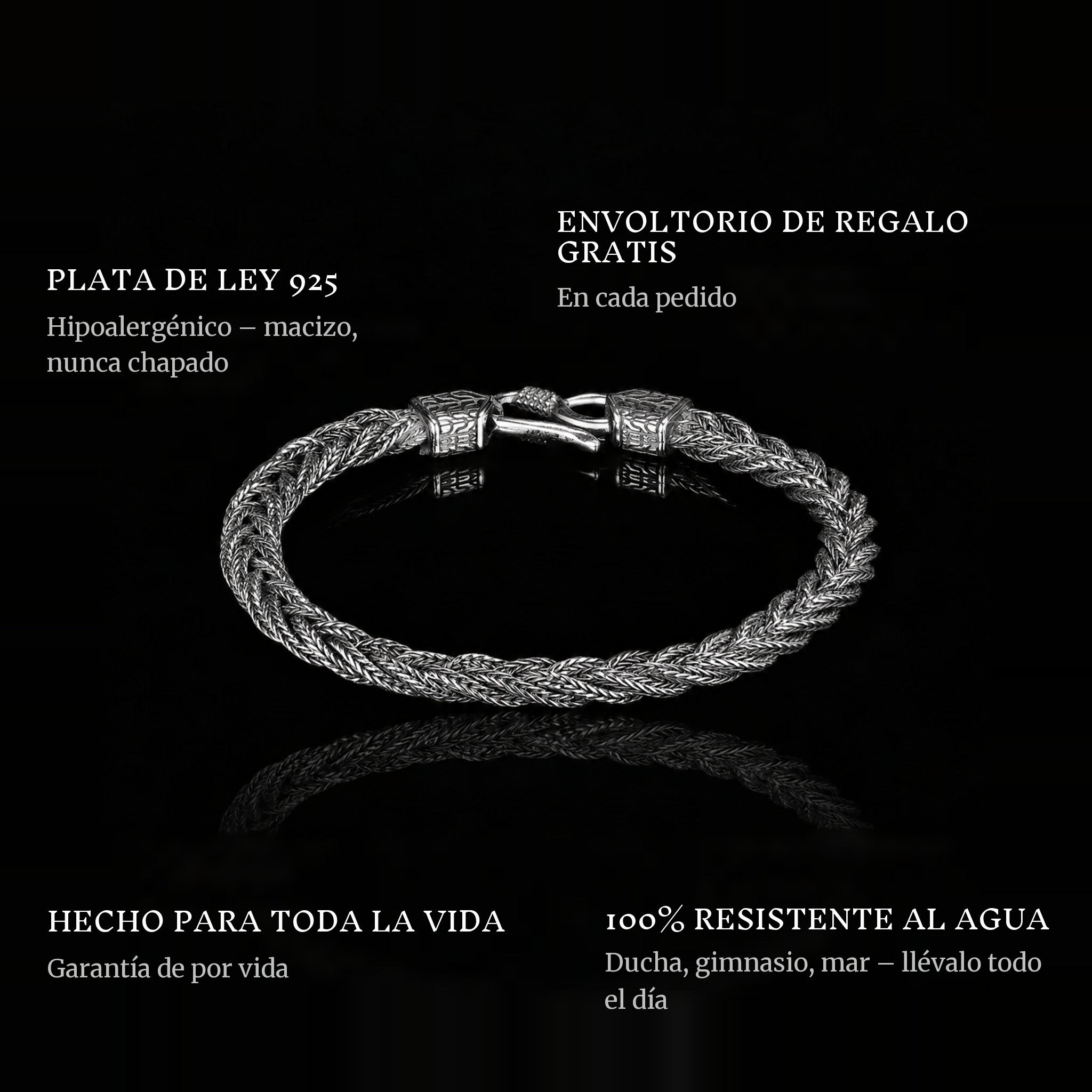 Woven Vikings features: 925 sterling silver, free gift packaging, 100% waterproof, lifetime guarantee