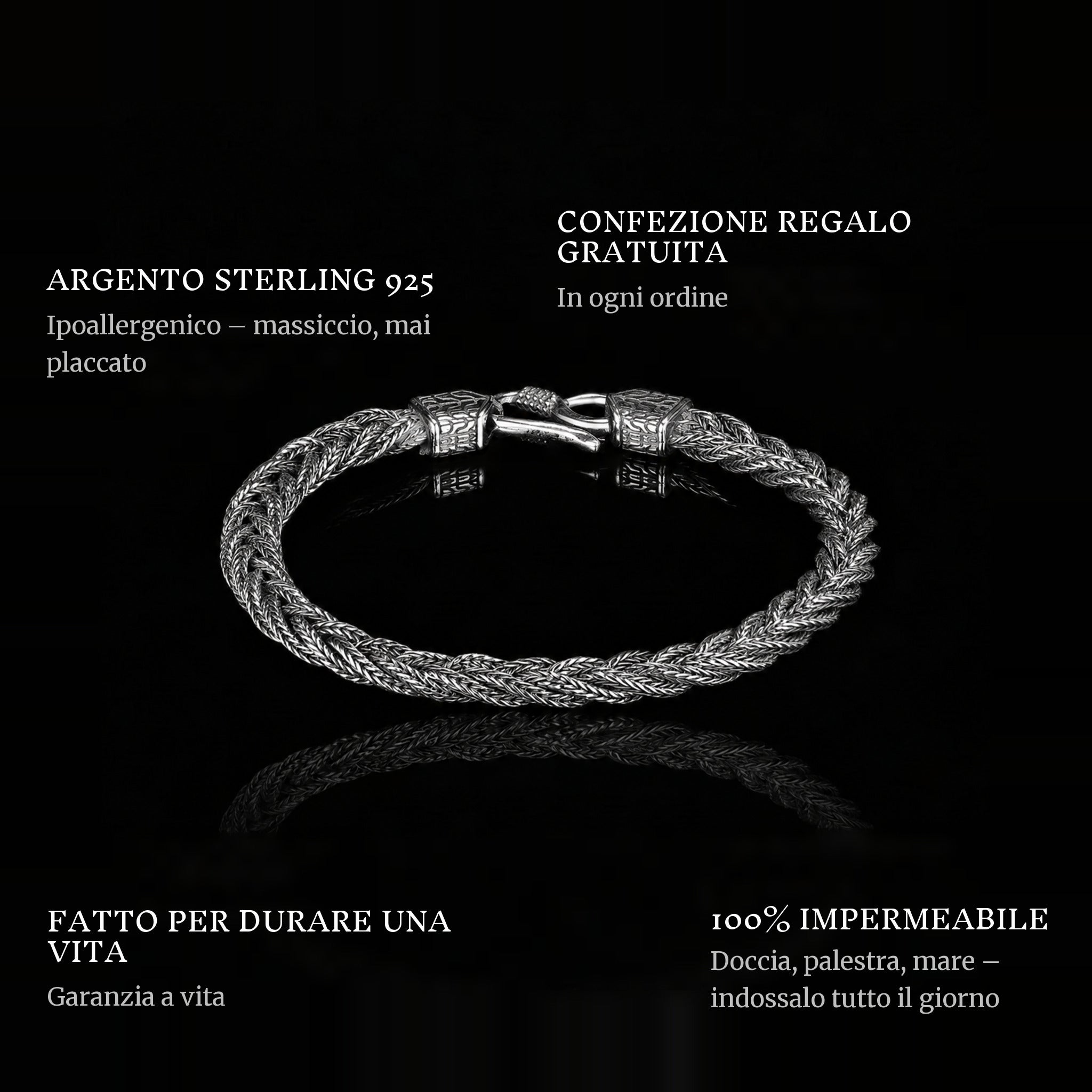 Woven Vikings features: 925 sterling silver, free gift packaging, 100% waterproof, lifetime guarantee
