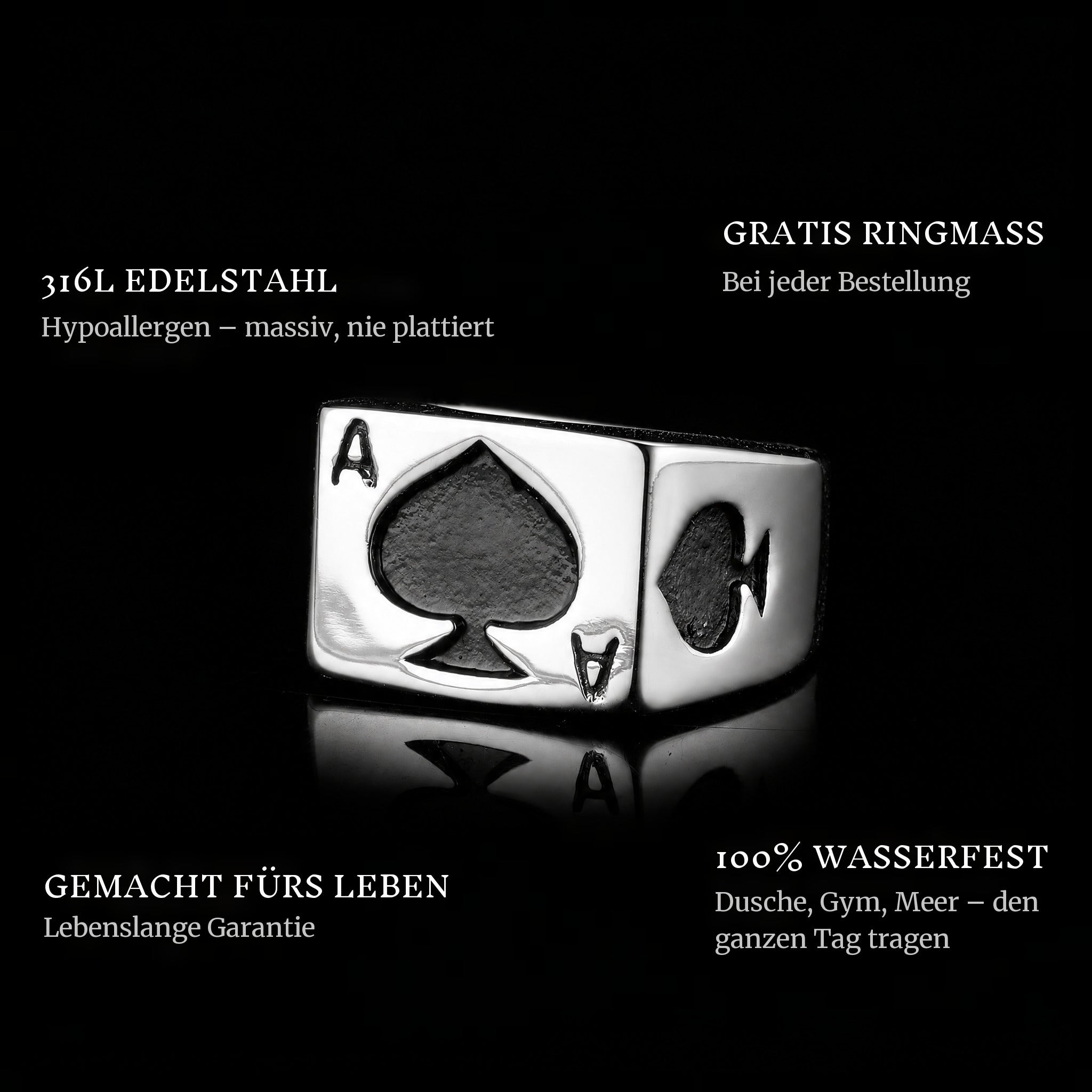 Ace Of Spades ring features: 316L stainless steel, free ring sizer in every order, 100% waterproof, lifetime guarantee