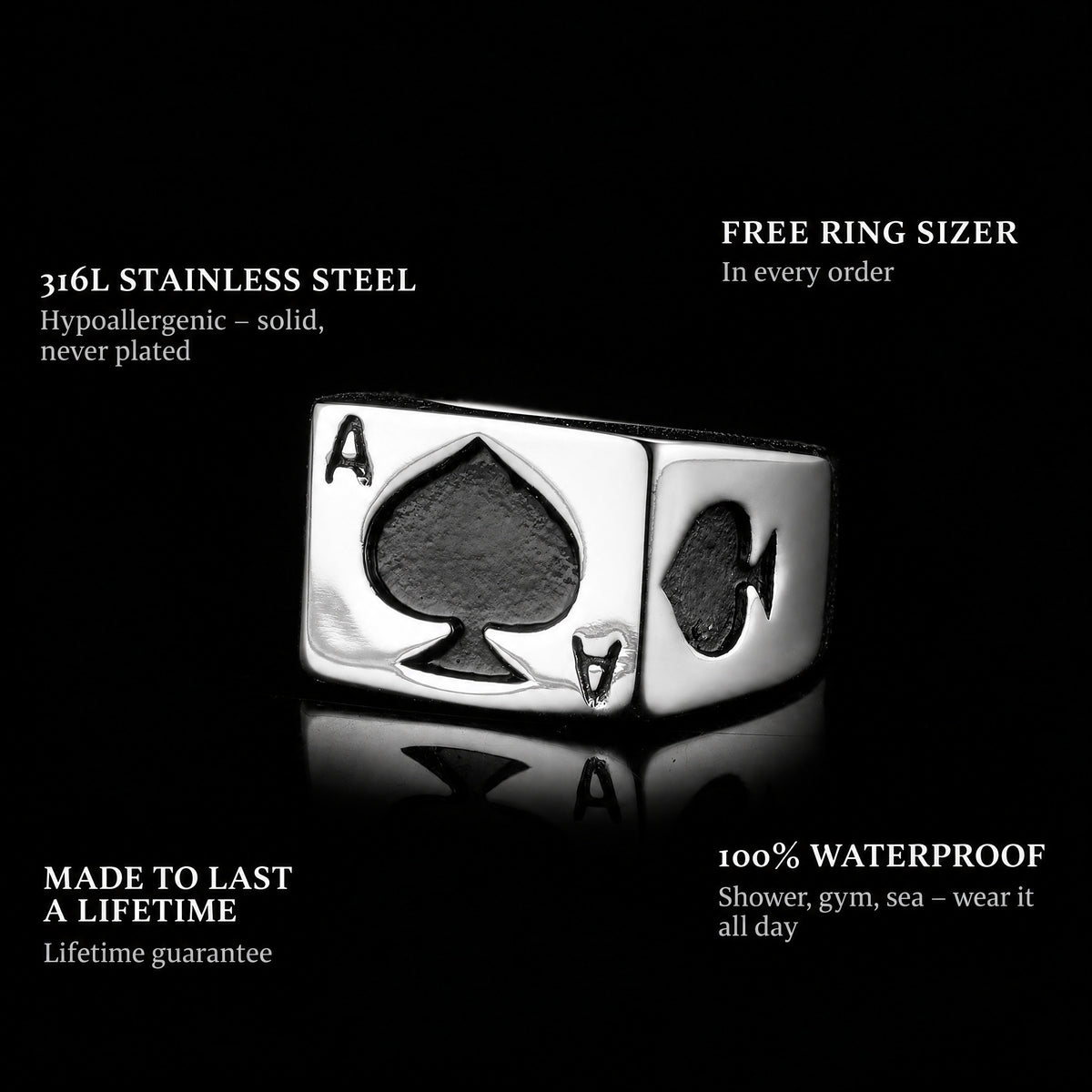 Ace Of Spades ring features: 316L stainless steel, free ring sizer in every order, 100% waterproof, lifetime guarantee