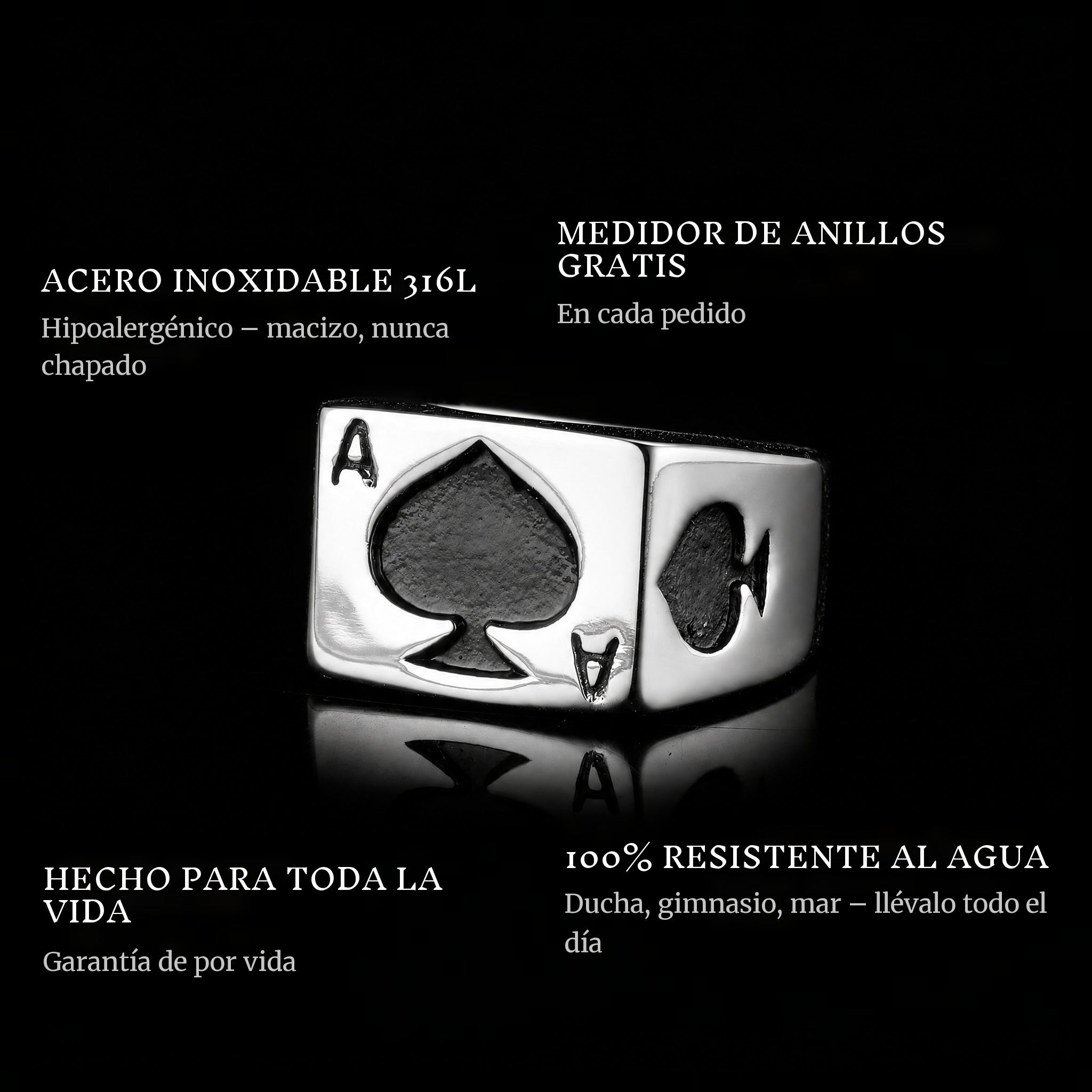 Ace Of Spades ring features: 316L stainless steel, free ring sizer in every order, 100% waterproof, lifetime guarantee