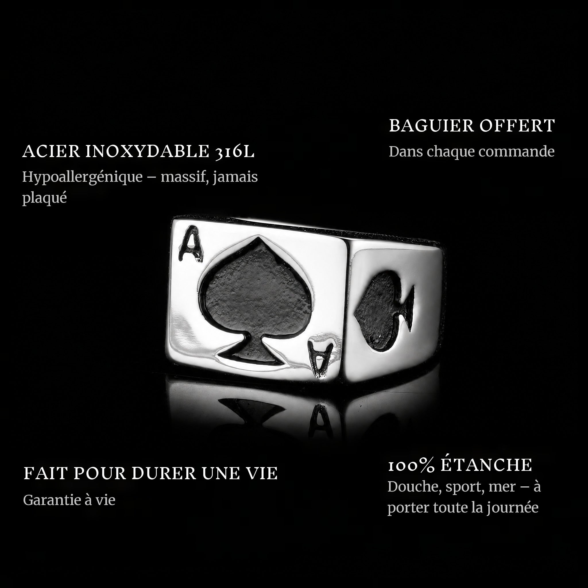 Ace Of Spades ring features: 316L stainless steel, free ring sizer in every order, 100% waterproof, lifetime guarantee