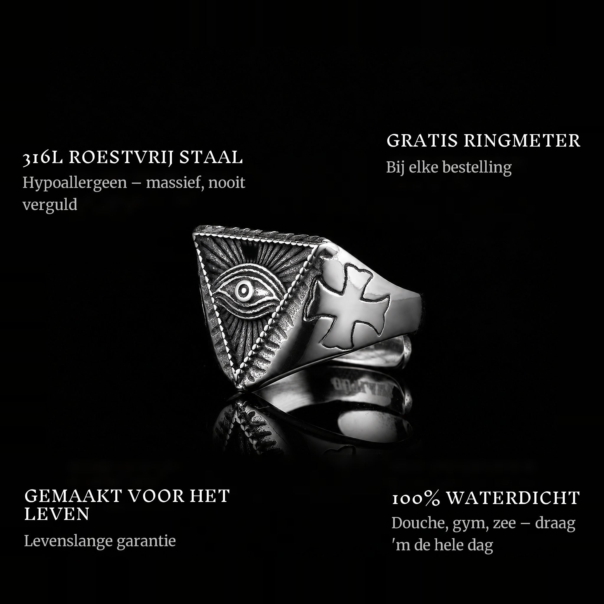 All Seeing Pyramid ring features: 316L stainless steel, free ring sizer in every order, 100% waterproof, lifetime guarantee