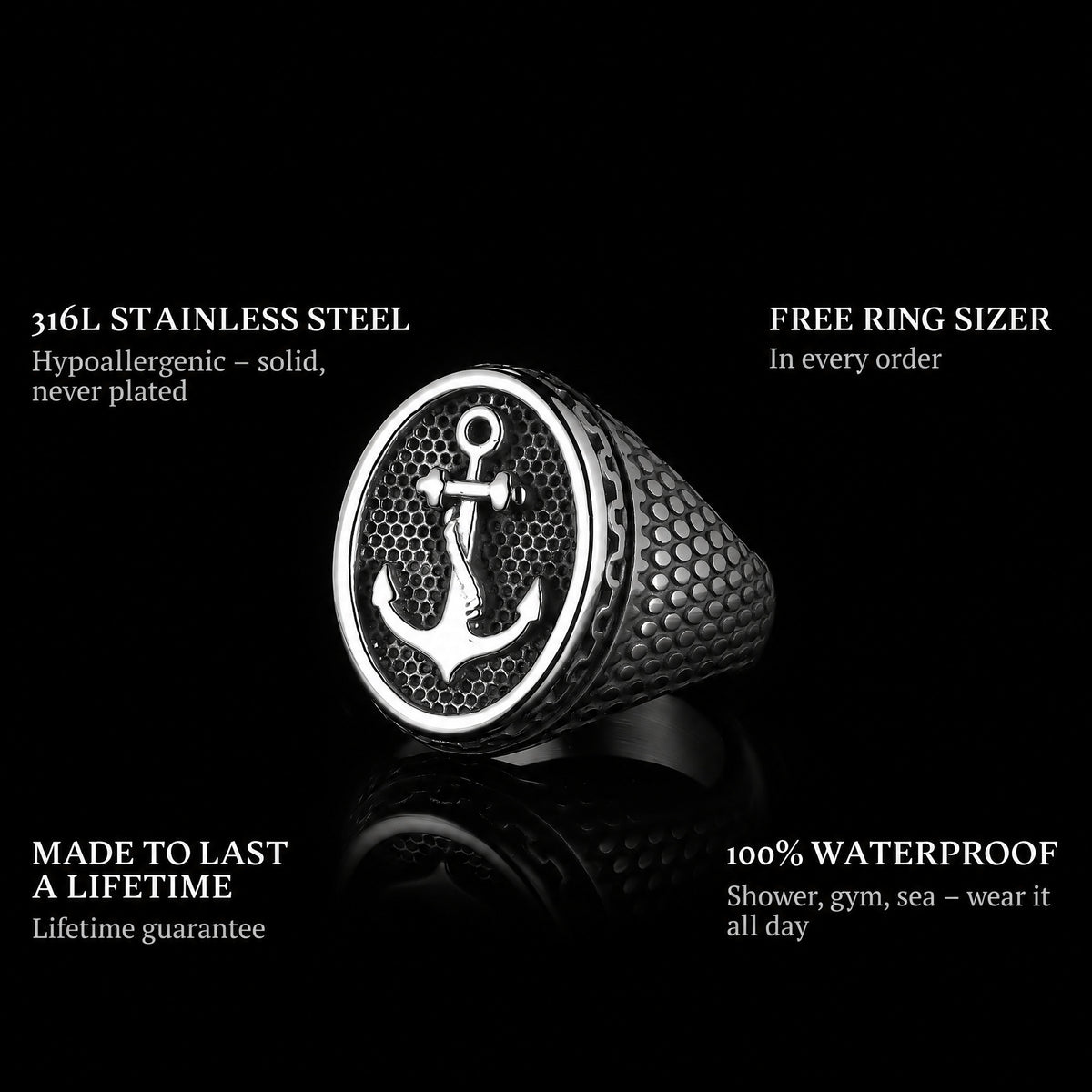 Anchor ring features: 316L stainless steel, free ring sizer in every order, 100% waterproof, lifetime guarantee