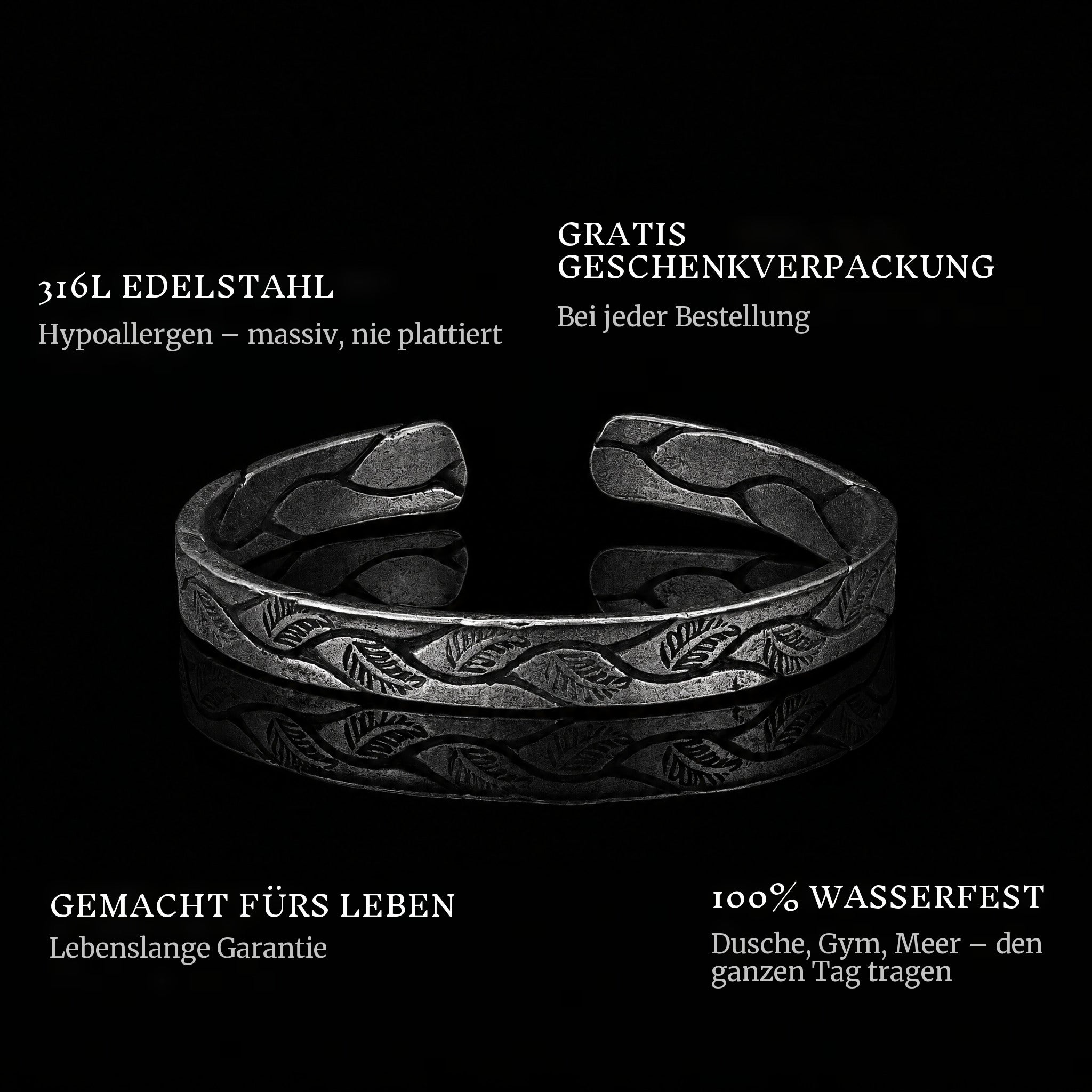 Ancient Roots features: 316L stainless steel, free gift packaging, 100% waterproof, lifetime guarantee